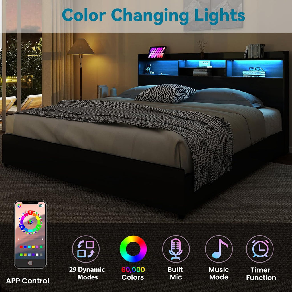Kiivakii Full Size Bed Frame with 4 Storage Drawers, LED Headboard with Charging Station, Metal Bed Frames, No Box Spring Needed, Noise Free, Stable and Solid, Black