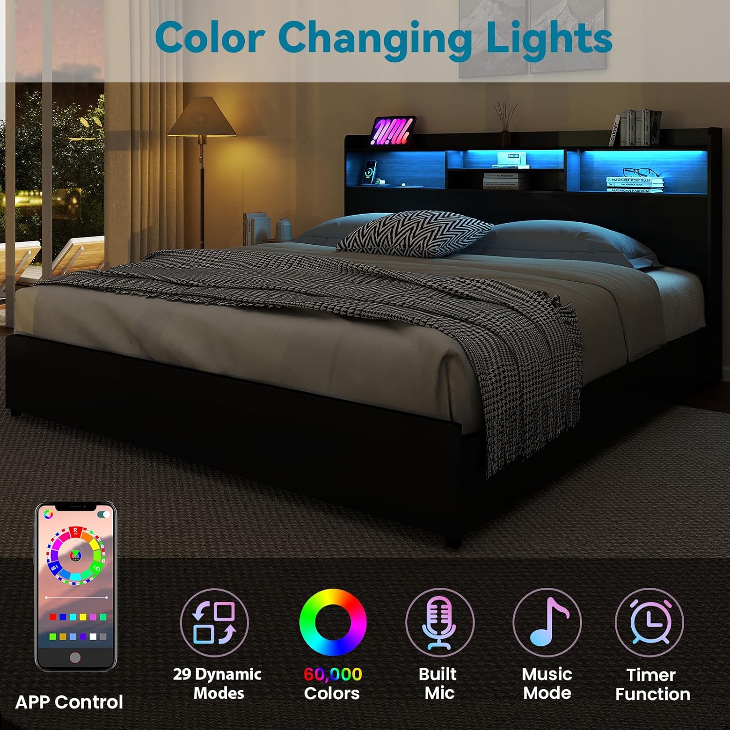 Kiivakii Full Size Bed Frame with 4 Storage Drawers, LED Headboard with Charging Station, Metal Bed Frames, No Box Spring Needed, Noise Free, Stable and Solid, Black