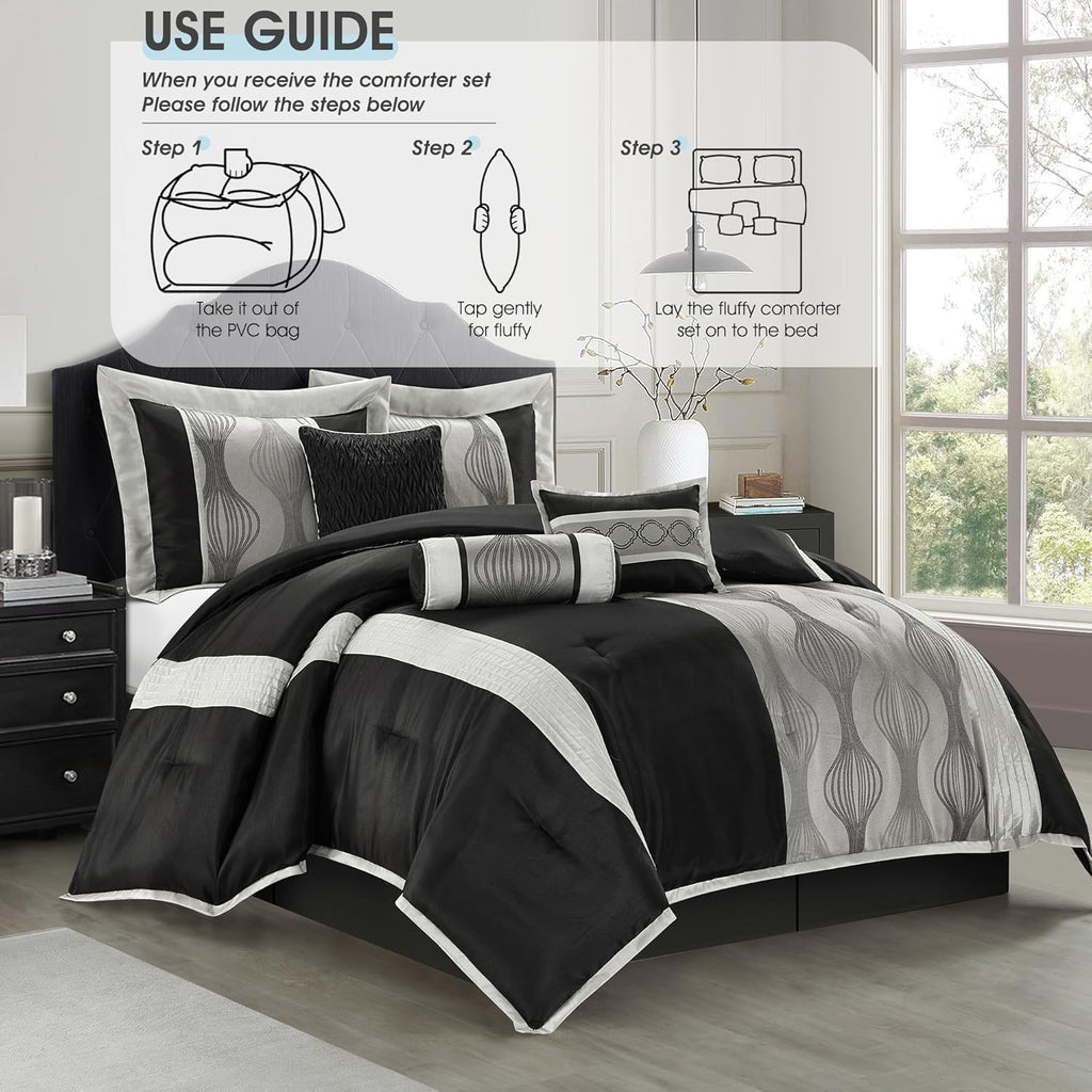 LANCO MODERN LIFESTYLE California King Comforter Set, Black Silver, 7 Pieces in a Bag, Jacquard with Solid Piecework, Luxury Bed Set with Comforters, Bed Skirt, Pillow Shams and Decorative Pillows