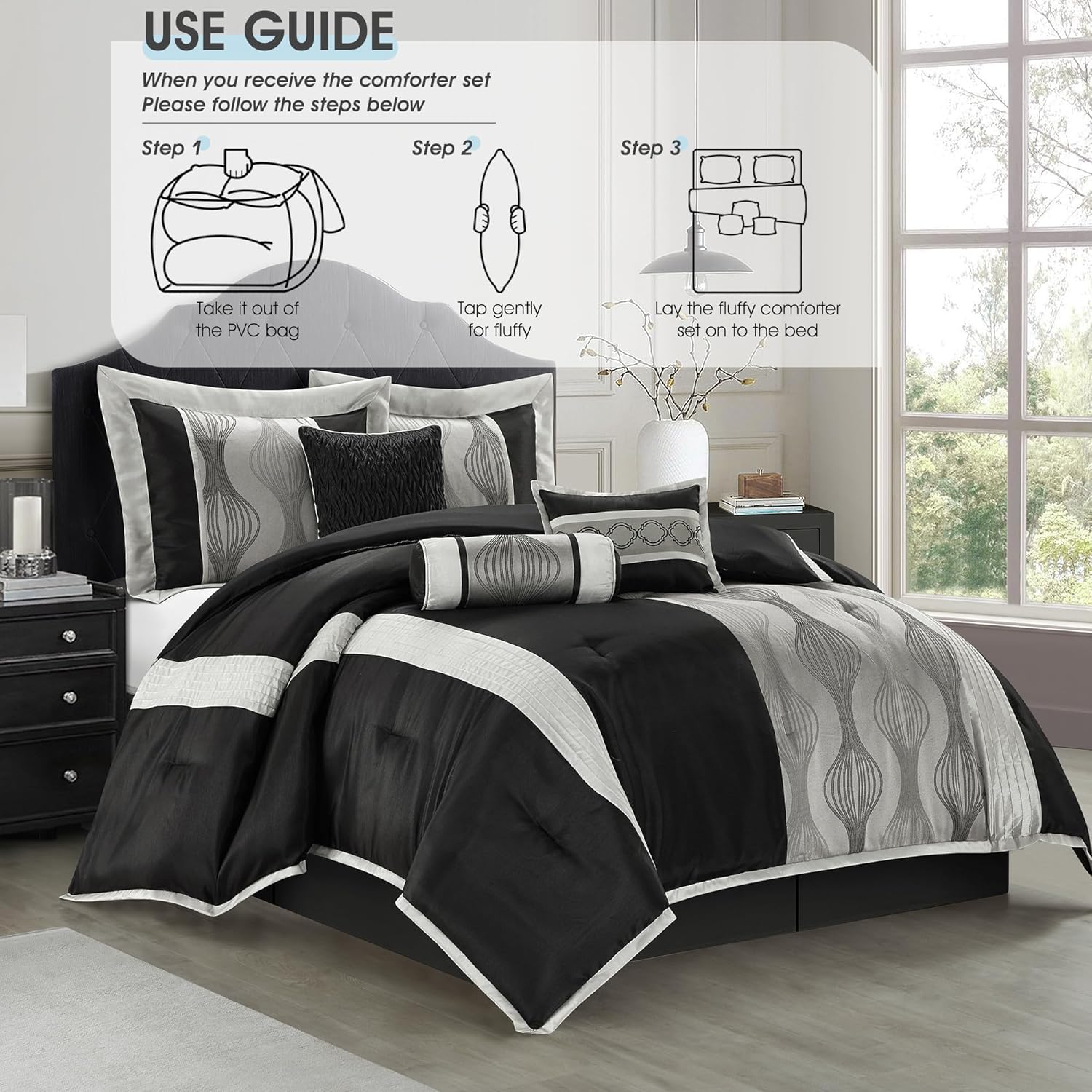 LANCO MODERN LIFESTYLE California King Comforter Set, Black Silver, 7 Pieces in a Bag, Jacquard with Solid Piecework, Luxury Bed Set with Comforters, Bed Skirt, Pillow Shams and Decorative Pillows