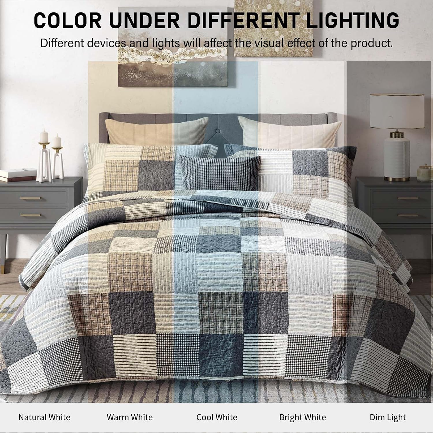 KALOOLA Plaid Quilt King Size, 100% Cotton Soft Lightweight Quilted Bedding Set for King Bed, Farmhouse Reversible Bedspread Coverlet with 2 Pillowshams for All Season, 3 Pcs, Grey/White/Black
