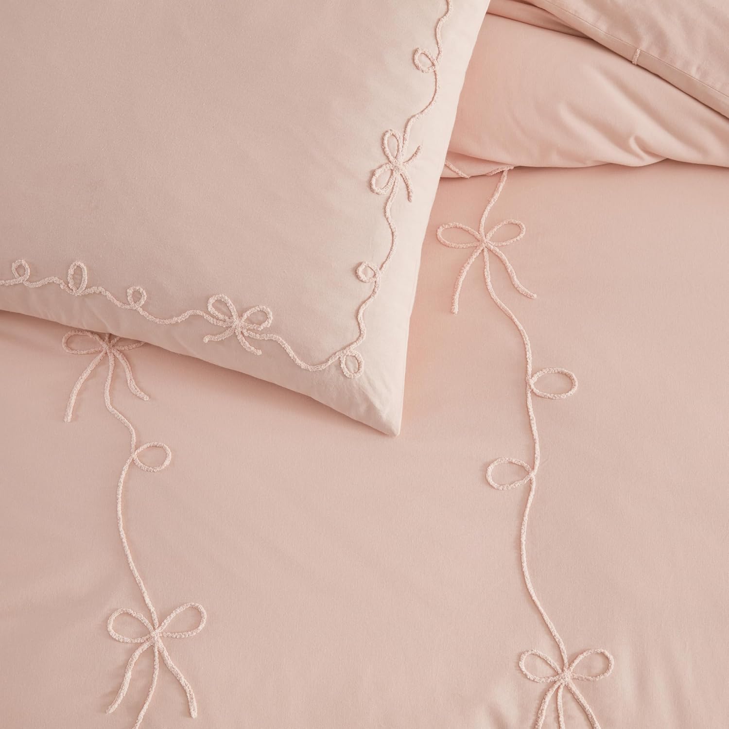 Peri Home Bows Bedding Cottage Core 100% Cotton 3-Piece Comforter and Sham Set, King, Blush Sasha Bows
