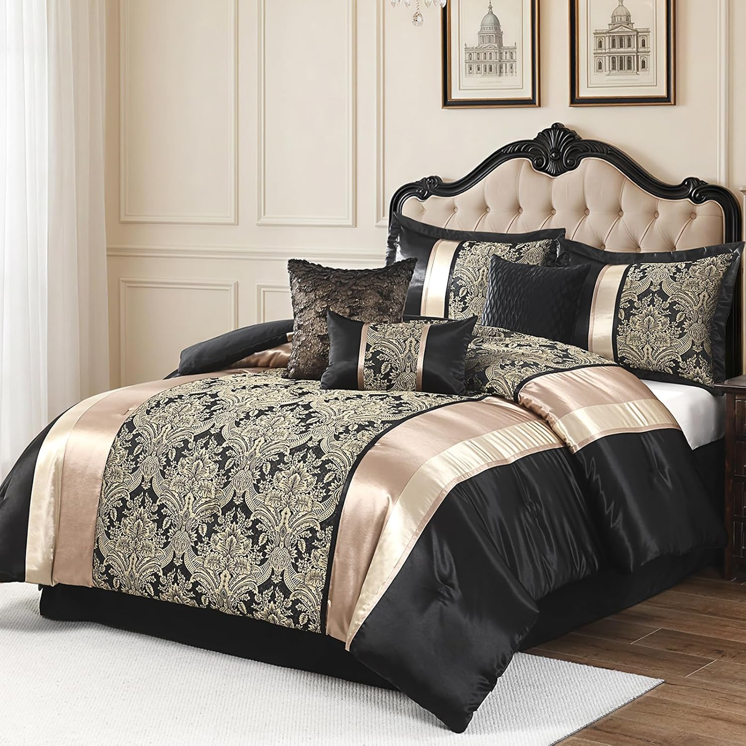 CozyDH Black Gold Jacquard Comforter Set - 7 Piece Queen Luxury Damask Floral Patchwork, All Season Down Alternative Silky Bedding Bed in a Bag with Bed Skirt, Shams, Decorative Pillows, 90x90 in