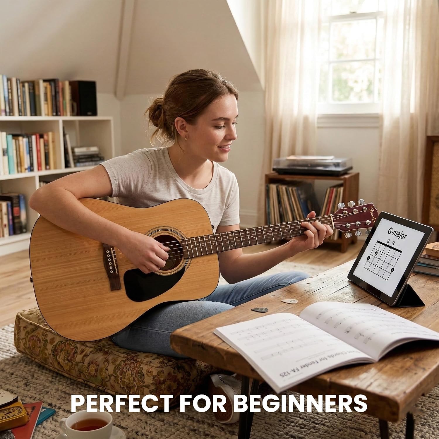 Fender Dreadnought Acoustic Guitar - Natural Bundle with Gig Bag, Tuner, Strings, Strap, and Picks