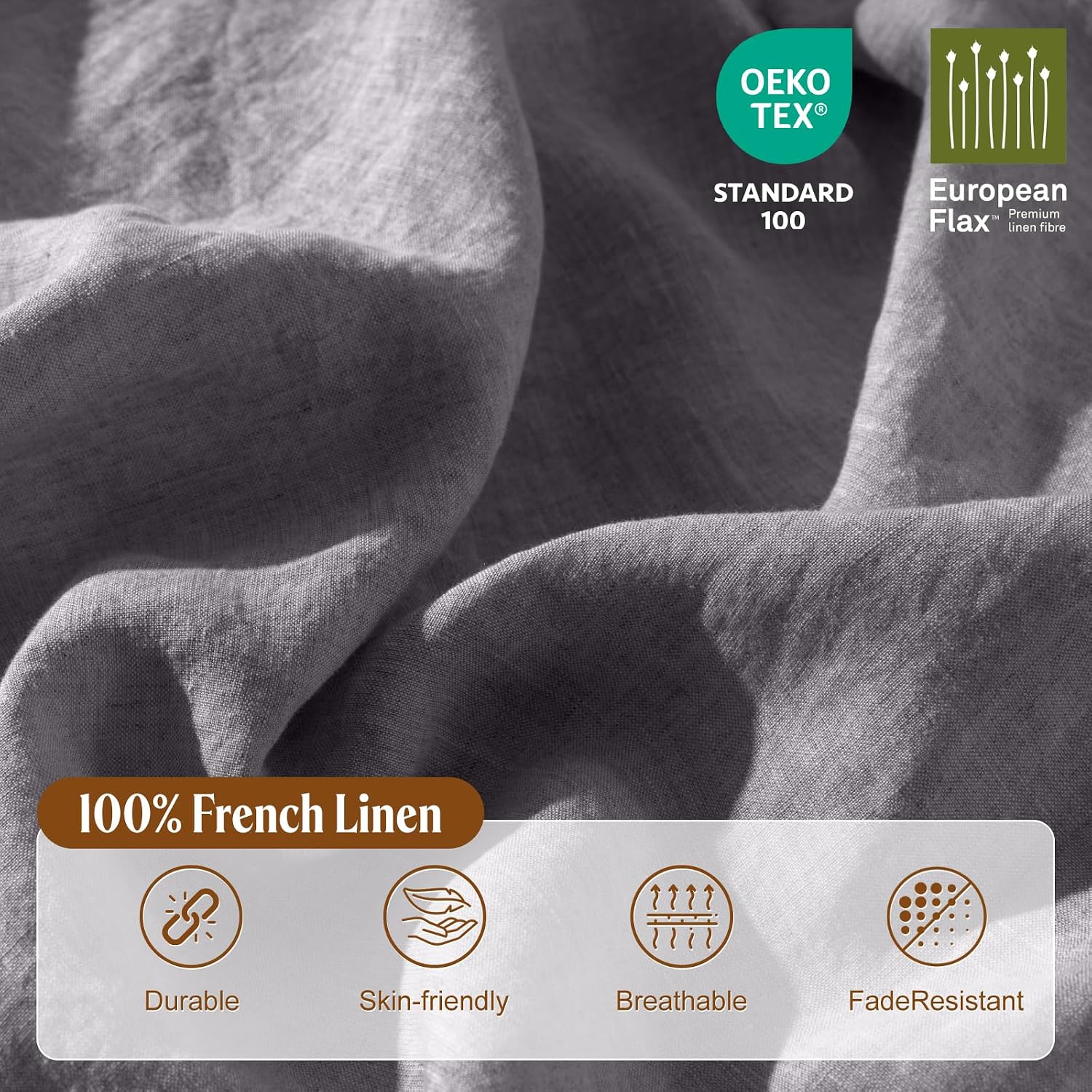 LBRO2M 100% France Linen Duvet Cover Set 3 Pcs Including 1 Flax Comforter Cover with Zipper Closure, 2 Pillowcase, Cozy Duvet Cover California King Size, Dark Gray