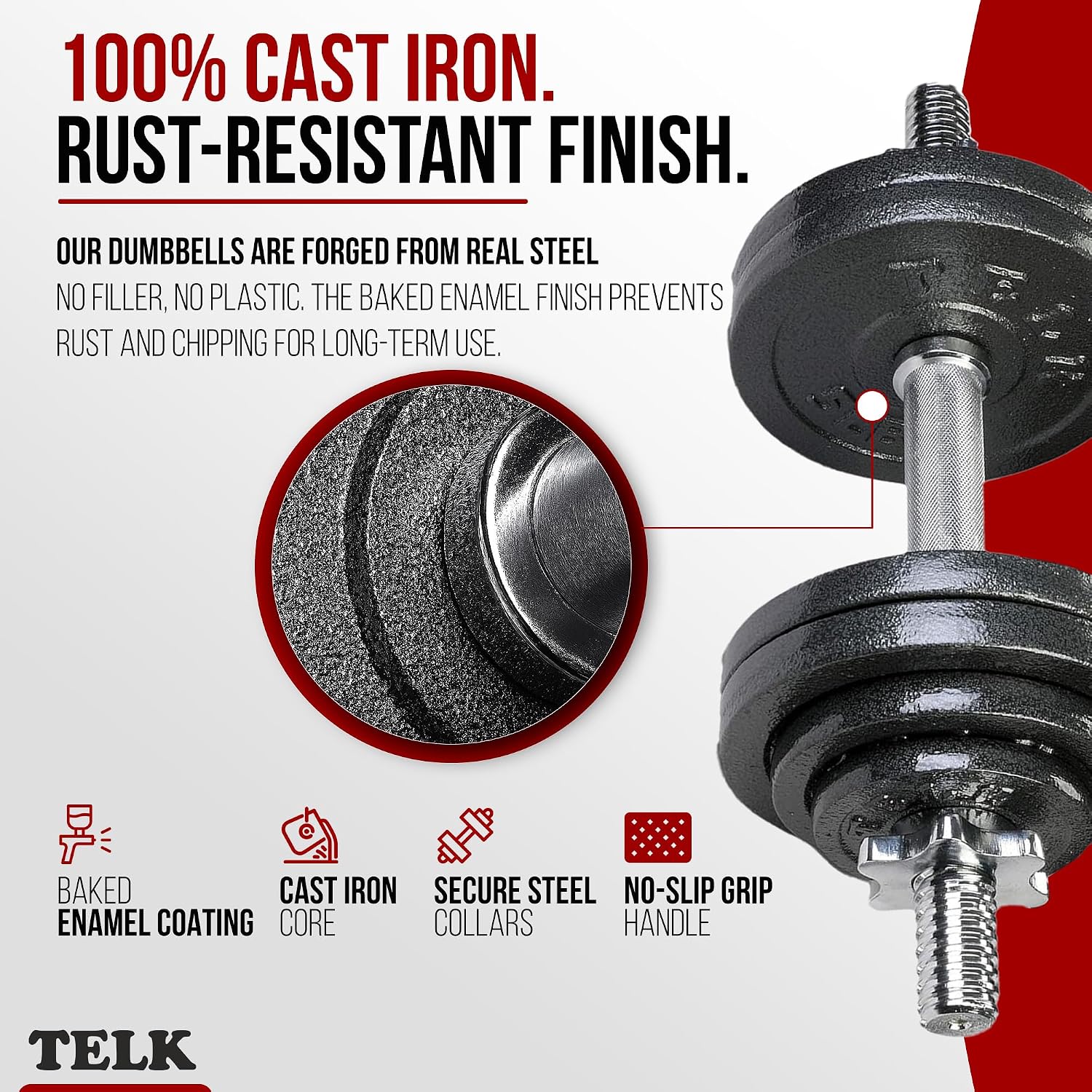 TELK – Adjustable Dumbbell Set – Home Gym Weight Set with Baked Enamel Cast Iron Plates – Space-Saving Free Weights for Strength Training