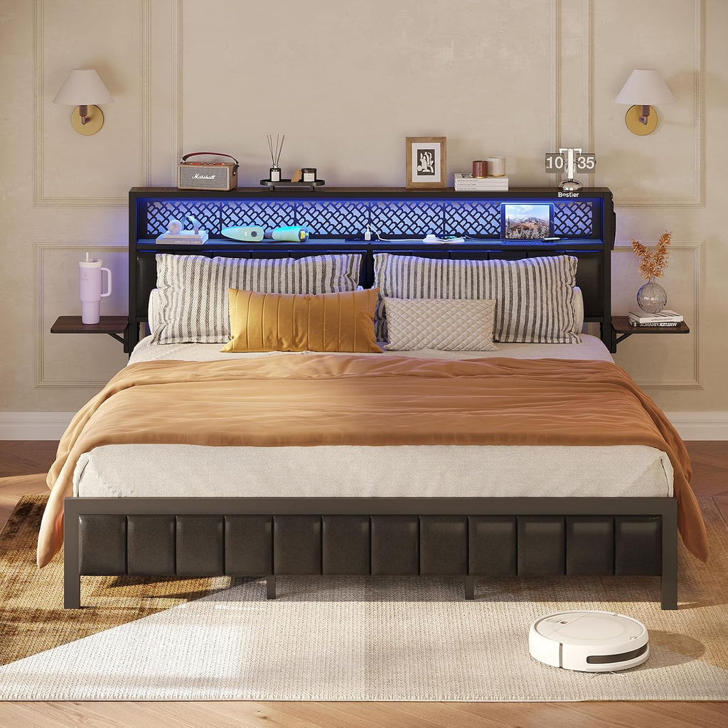 Bestier Queen Bed Frame with Upholstered Headboard and Charging Station, Folding Bedside Shelves Storage, LED Metal Platform Bed Frame, Non-Slip, Noise-Free, Easy Assembly, Walnut