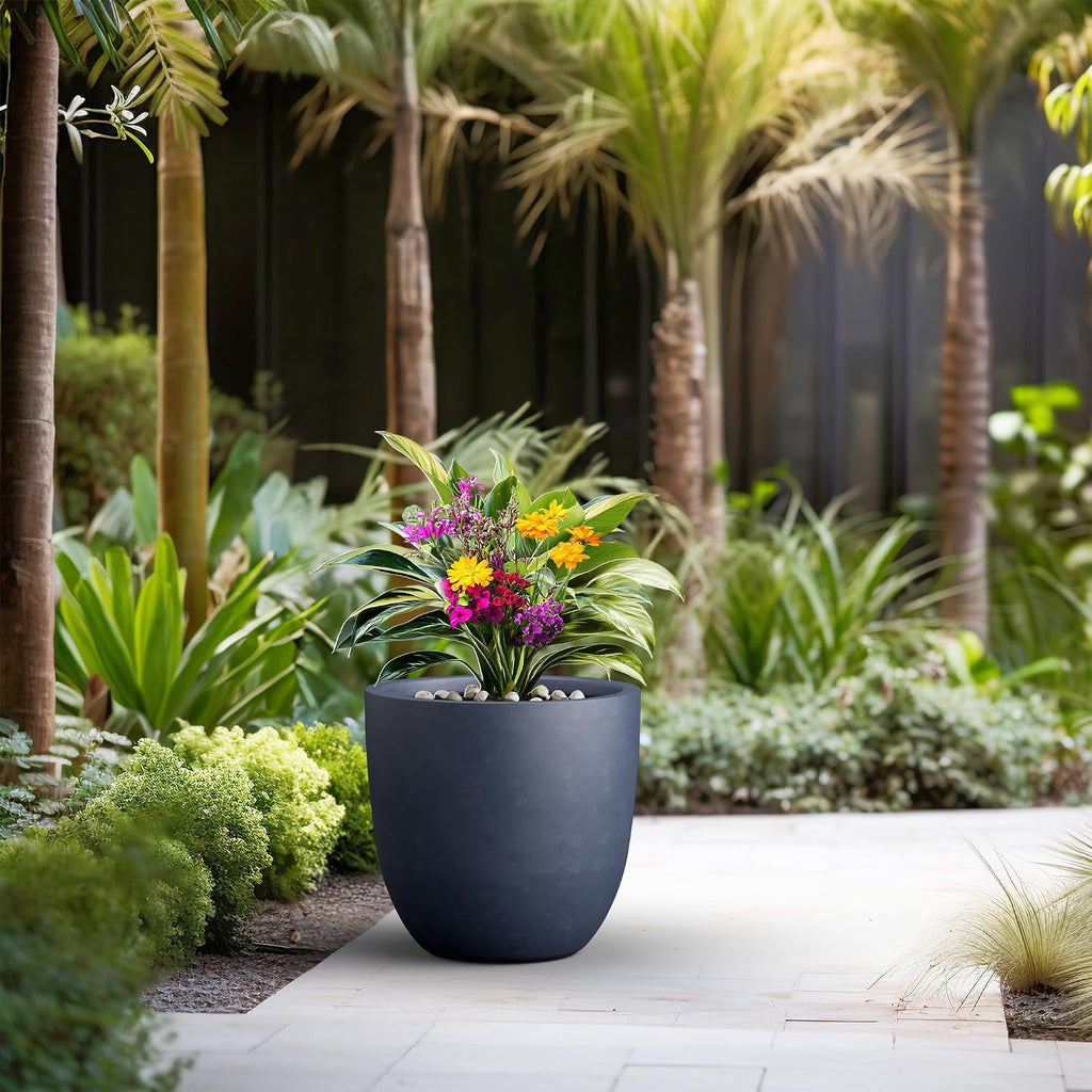 Kante 18 Inch Dia Round Concrete Planter, Indoor Outdoor Large Plant Pot with Drainage Hole and Rubber Plug for Home Patio Garden, Charcoal