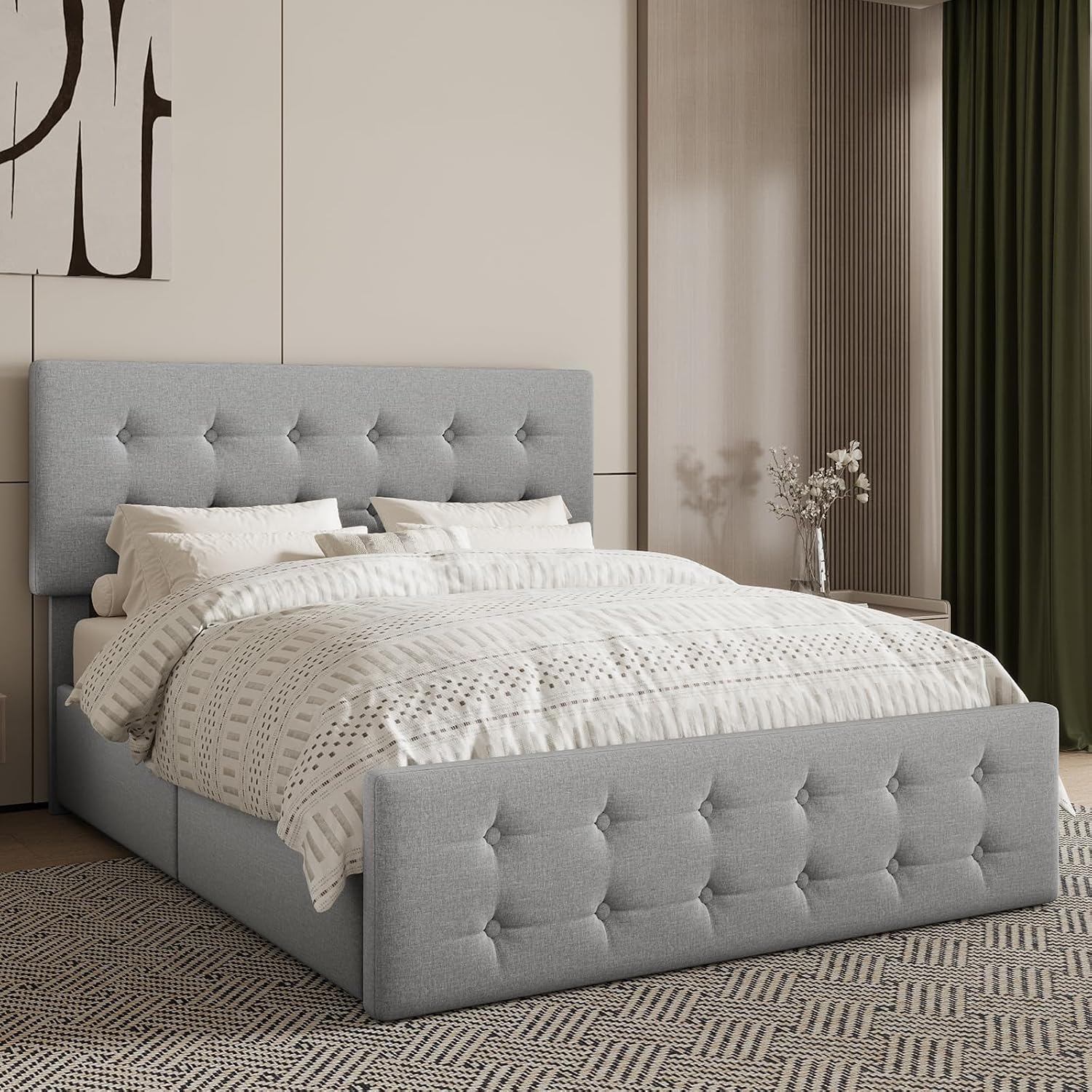 Full Size Platform Bed Frame with 4 Storage Drawers & Headboard, Faux Leather Upholstered, Button Tufted Design, Wooden Slats Support, Noise-Free Mattress Foundation, No Box Spring Needed, Light Grey