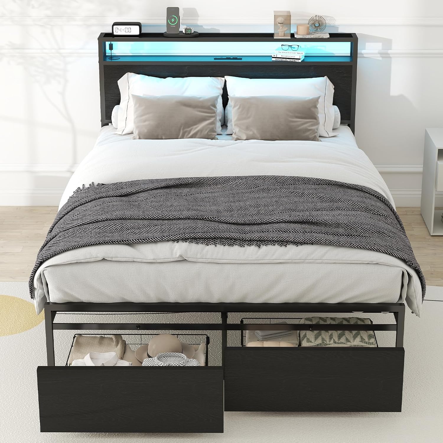 Zevemomo Full Size Bed Frame with 2 Storage Drawers, Bed Frame Full Size with Headboard, LED Light, Charging Station with 2 USB Ports & 2 AC Ports, No Noise, Black