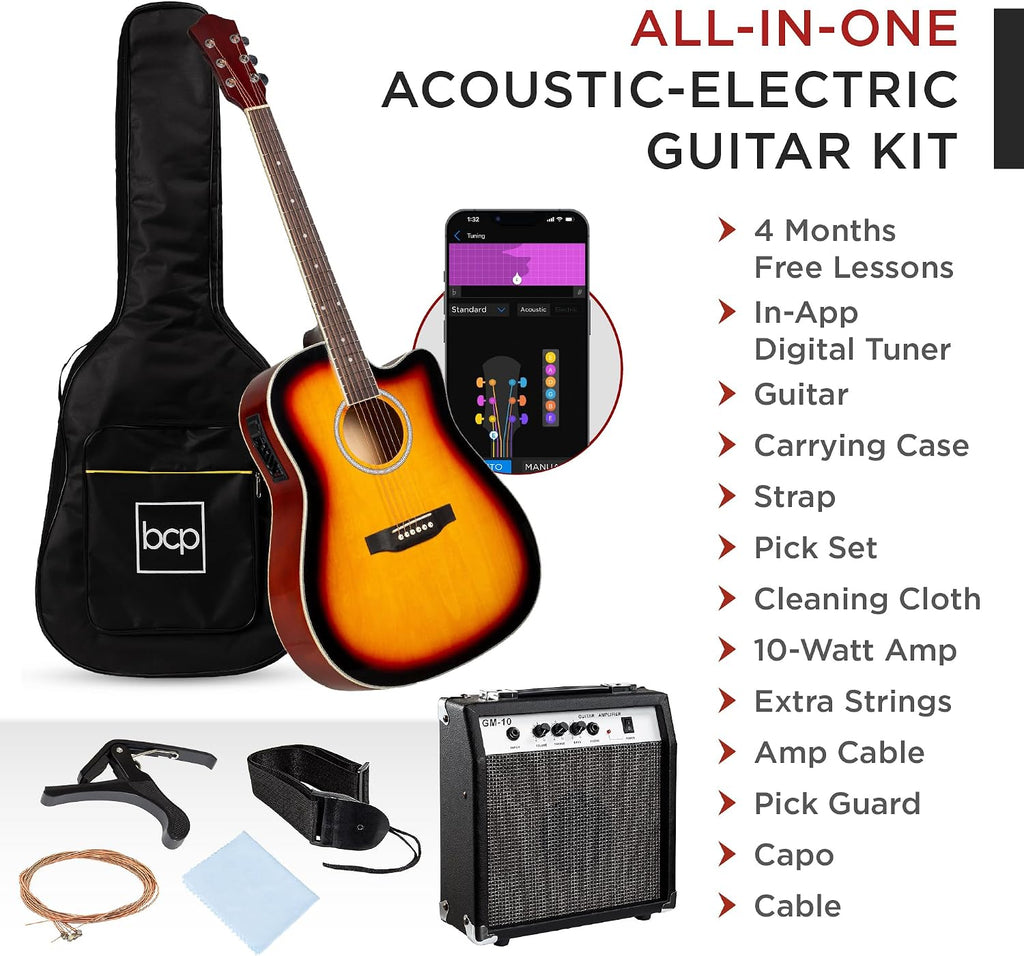 Best Choice Products Beginner Acoustic Electric Guitar Starter Set w/ 41in, All Wood Cutaway Design, Gig Bag, Strap, Picks - Sunburst