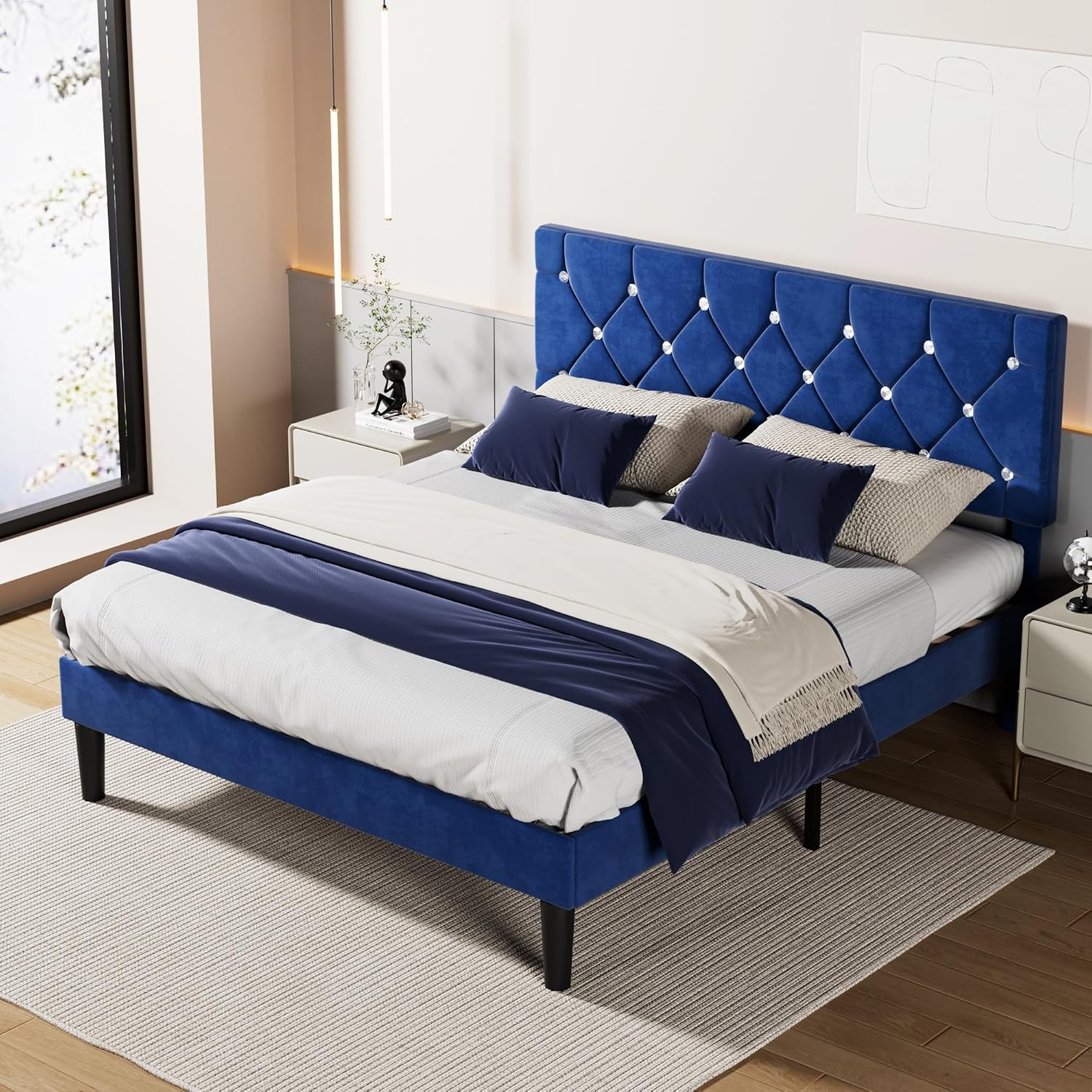 VECELO Queen Size Bed Frame, Upholstered Platform with Adjustable Diamond Tufted Headboard, Wood Slat Support, No Box Spring Needed, Navy Blue