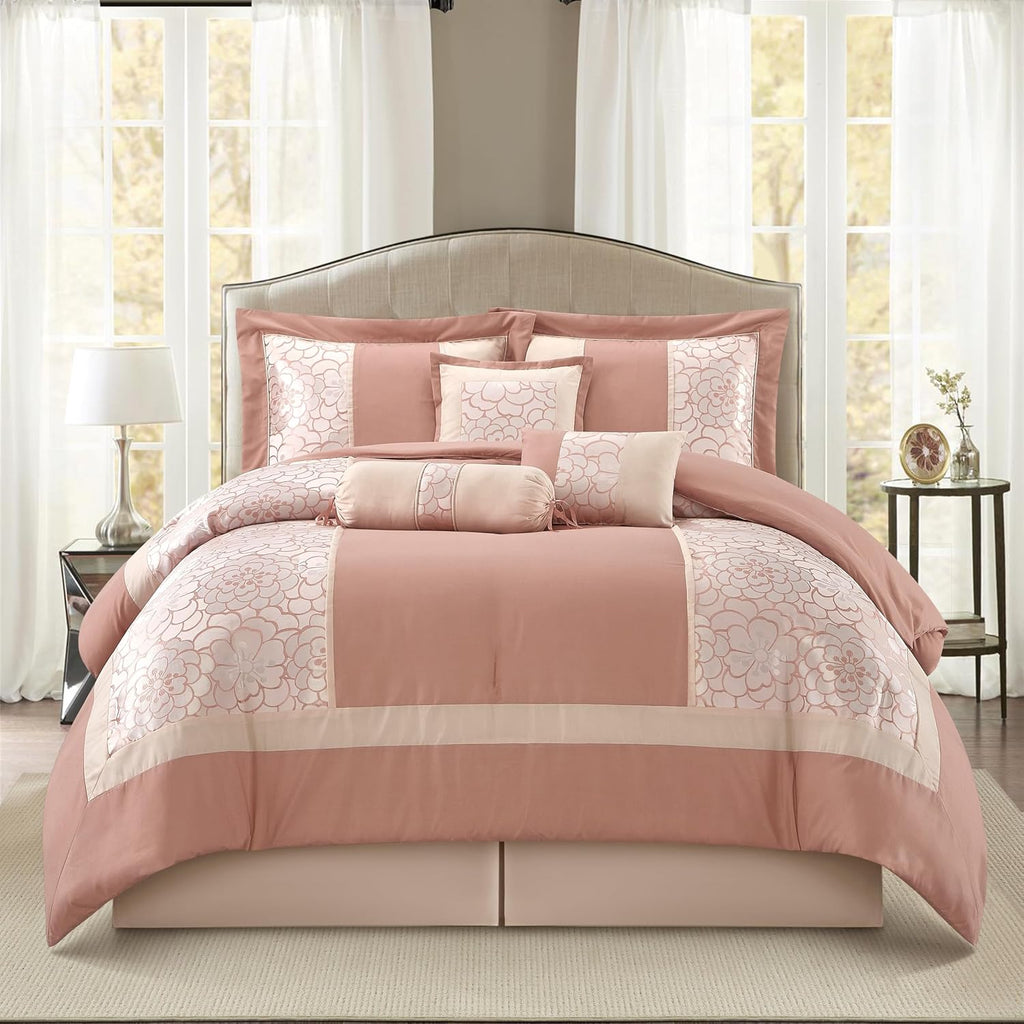 Grand Avenue Blush Comforter Set King Size, 7 Piece Jacquard Soft Bedding Set, All Season, Bedskirt, Pillows & Shams