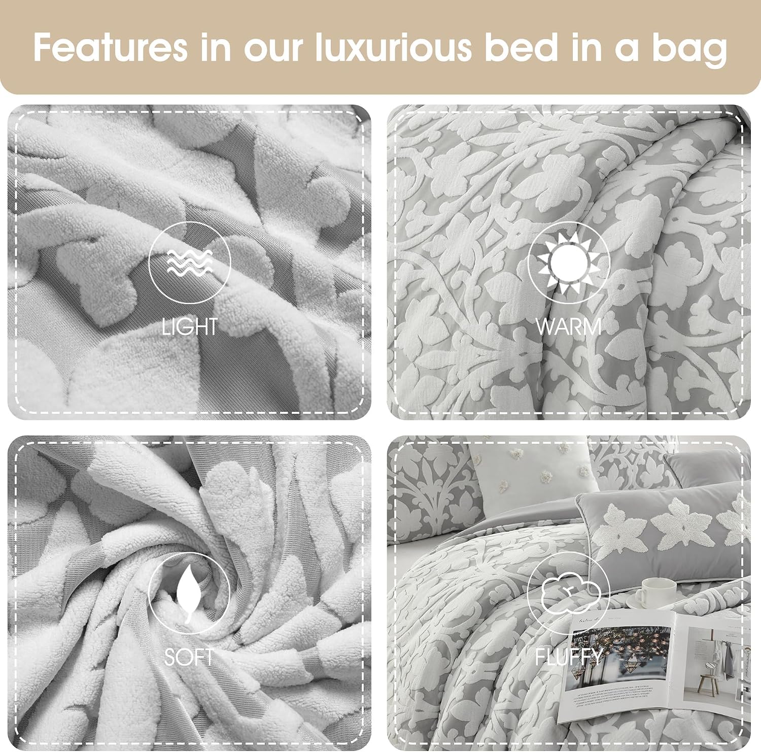 Grand Avenue 7 Piece White Grey Comforter Set, King Size Jacquard Bedding Set, All Season Floral Leaves Bedding, Matching Pillows, Shams, Bed Skirt