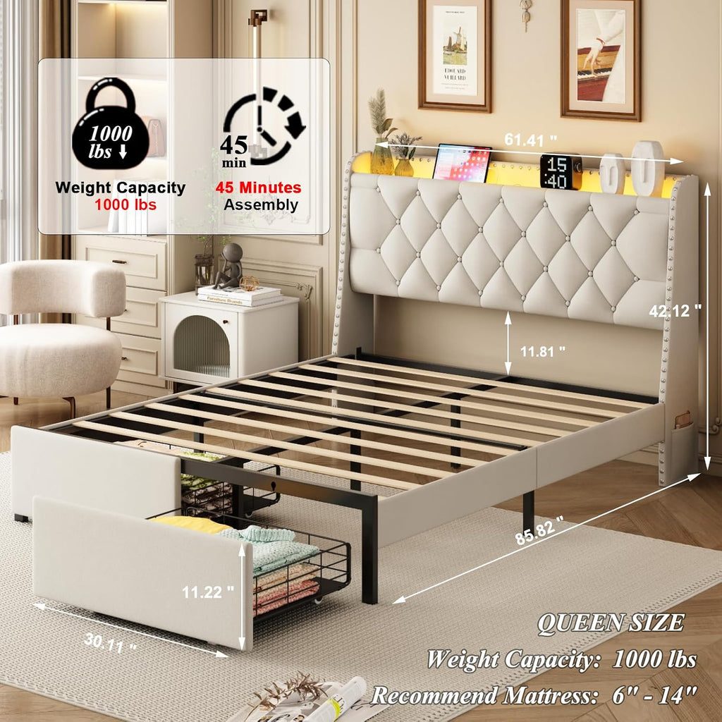 Queen Bed Frame with Storage Headboard and 2 Drawers, Upholstered Button Tufted Platform Bed Frame Queen Size with LED Lights, Charging Station, No Box Spring Needed, Noise Free, Easy Assembly, Beige