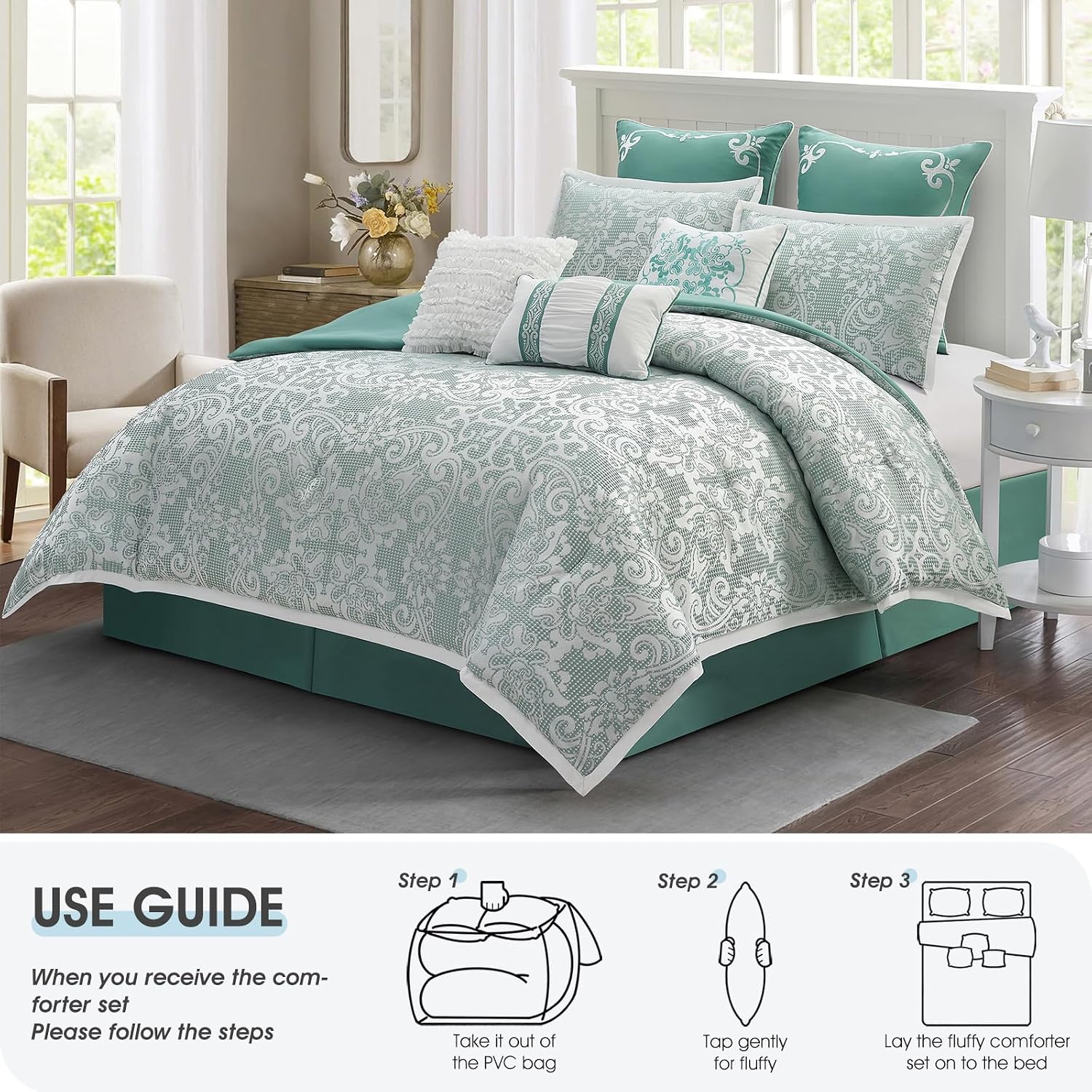 LANCO MODERN LIFESTYLE 9 Piece King Comforter Set, Sage Jacquard Damask, Bed in a Bag, All Seasons Bedding with Shams, Euro Shams, Bed Skirt and Decorative Pillows