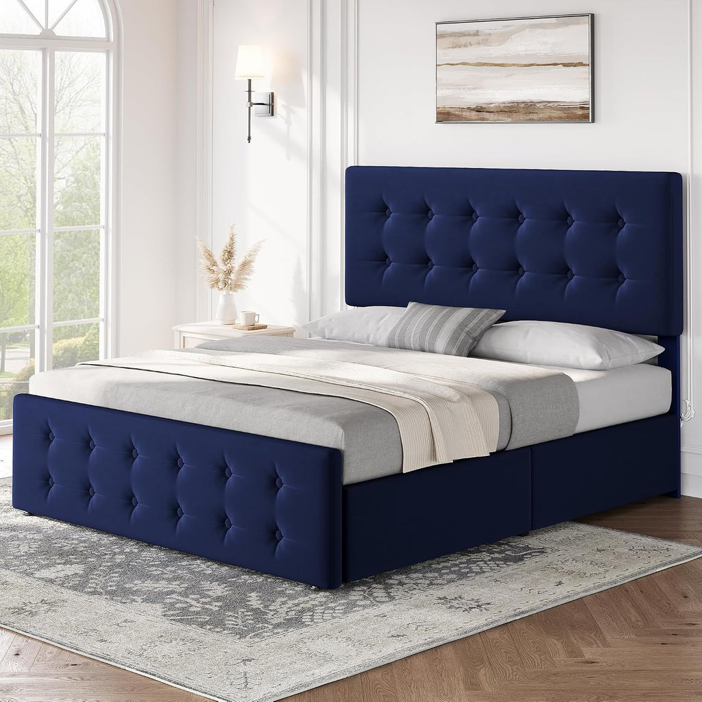 GAOMON Full Size Bed Frame with 4 Drawers and Adjustable Headboard, Velvet Upholstered Platform Bed with Button Tufted Design, No Box Spring Needed, Strong Wooden Slats, Blue