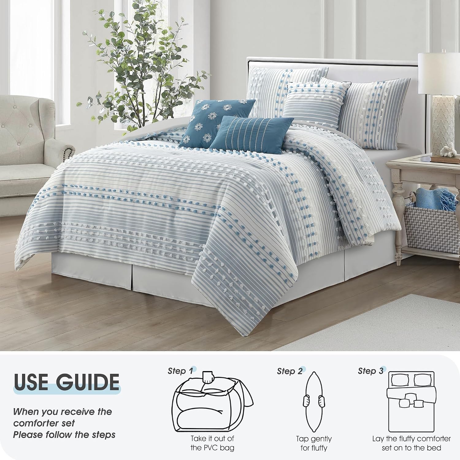 LANCO MODERN LIFESTYLE California King Comforter Set, Azure, Jaquard Clip Striped Design, Elegant Soft 7 Pieces Bedding Set for All Seasons, Matching Bedskirt, Pillow Shams and Decor Pillows