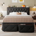Einhomn Queen Bed Frame with 2 Storage Drawers, Metal Platform Bed with Charging Station, Upholstered Linen Button Tufted Storage Headboard, No Box Spring Needed, Noise-Free, Easy Assembly, Black