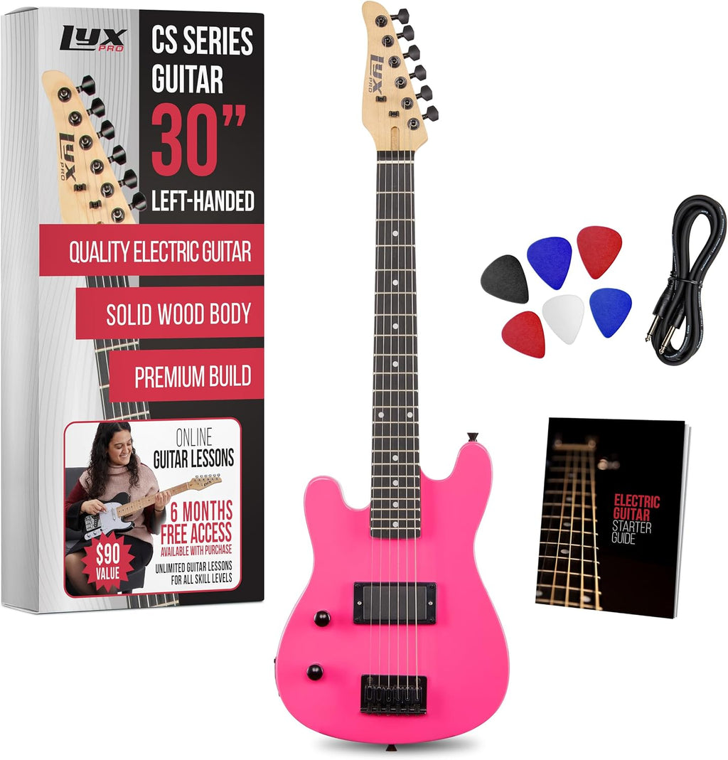 LyxPro CS 30' Left Hand Electric Guitar Kit for Beginner, Intermediate & Pro Players with Guitar, Amp Cable, 6 Picks & Learner's Guide, Solid Wood Body, Volume/Tone Controls, 5-Way Pickup - Pink