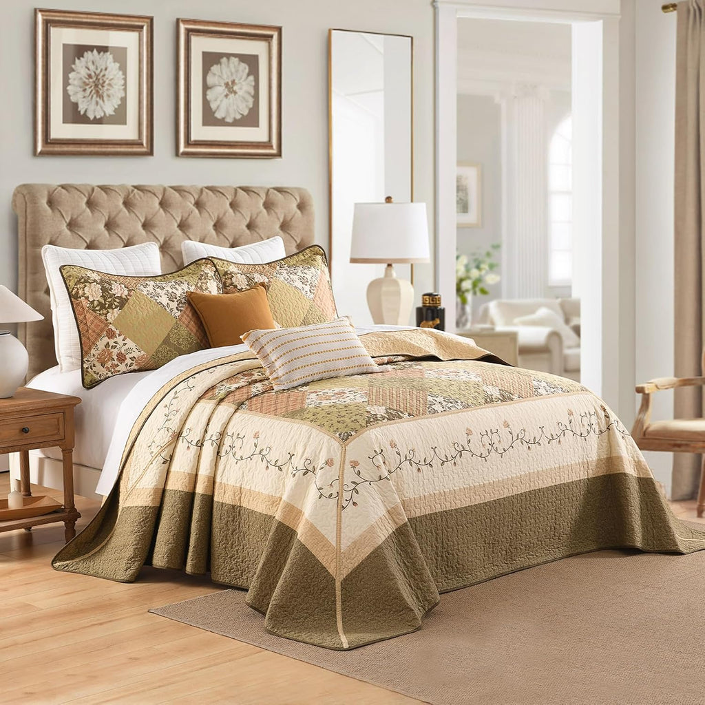 Floral Bedspread 120'x120' Oversized King Bedspread, 100% Cotton California King Quilt with 2 Pillow Shams, Lightweight Farmhouse Quilted Bedspreads Coverlet Set, Brown, 3 Pcs