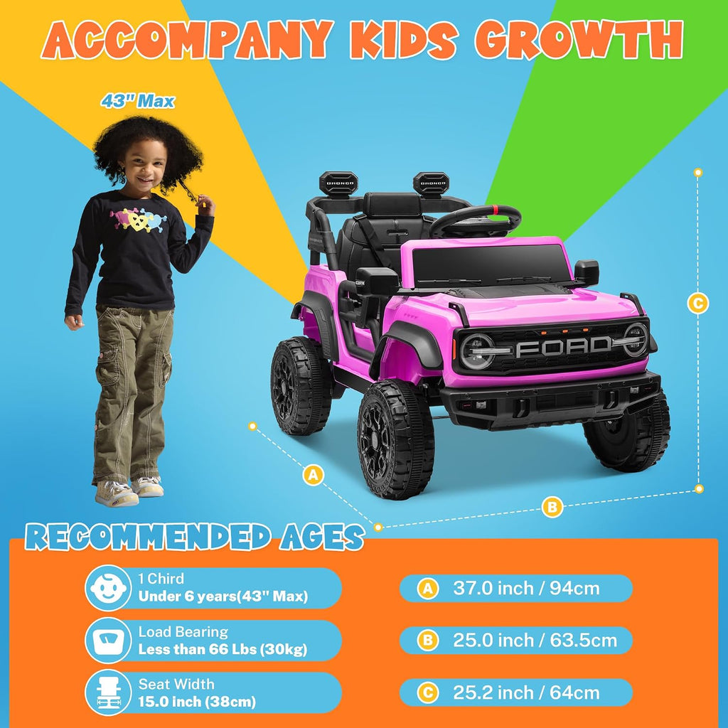 ENYOPRO 12V Licensed Ford Bronco Raptor Ride on Toys, Kids Electric Car w/Parental Remote Control, Spring Suspension, Soft Start, Bluetooth, LED Lights, Gift for Girls & Boys Ages 3-6 (Pink)