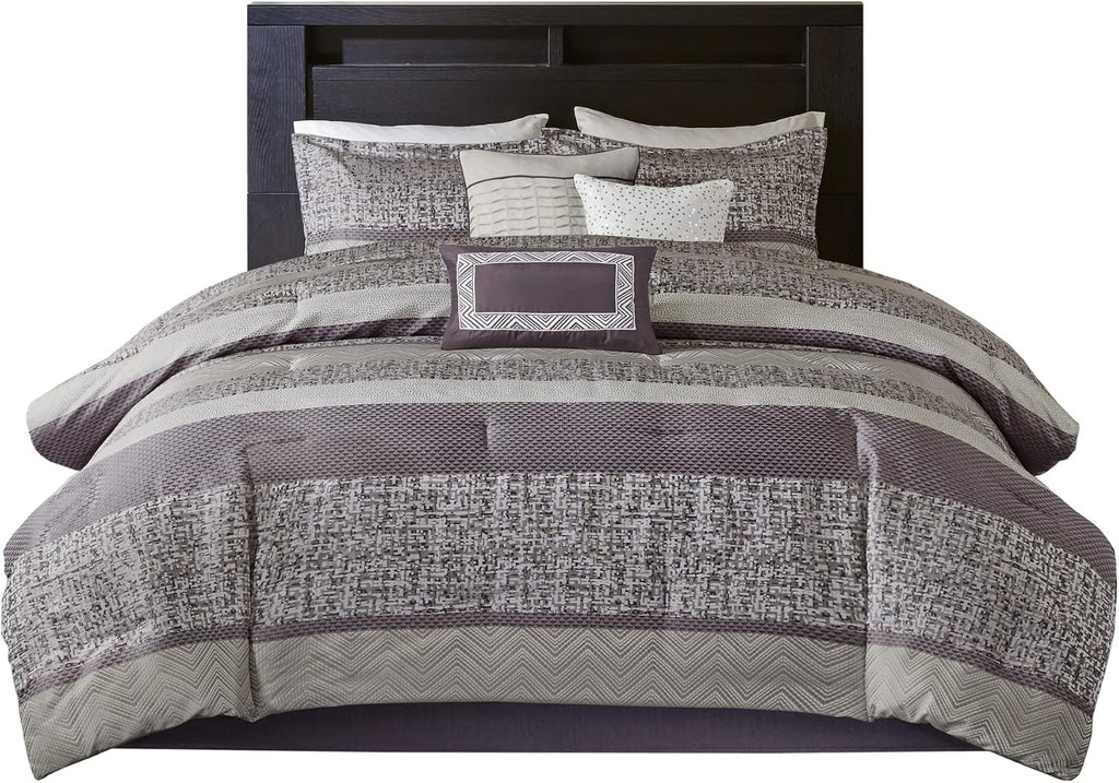 Madison Park Luxury Comforter Set-Traditional Jacquard Design, All Season Down Alternative Bedding, Matching Bedskirt, Decorative Pillows, King(104'x92'), Rhapsody, Striped Purple 7 Piece