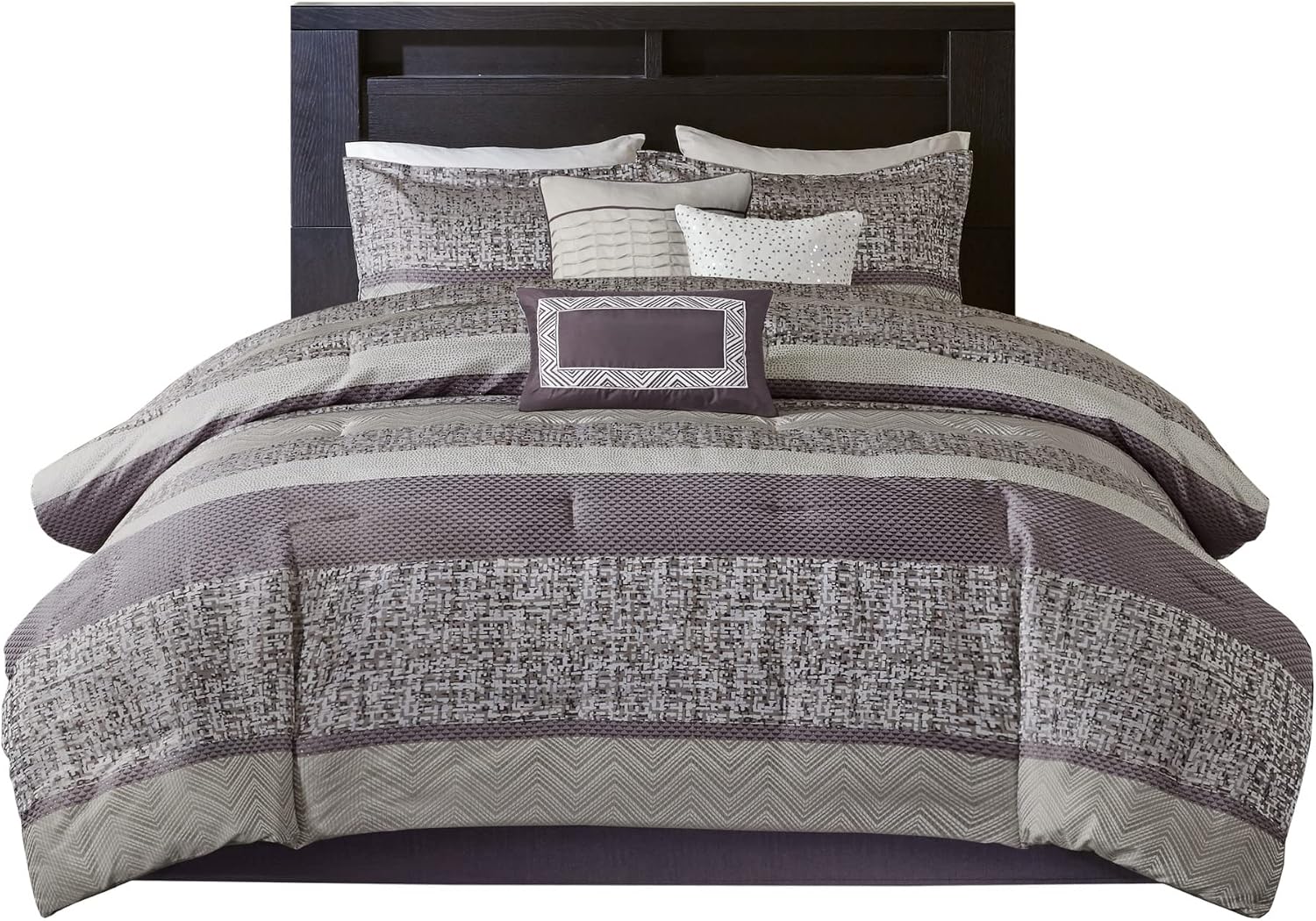 Madison Park Luxury Comforter Set-Traditional Jacquard Design, All Season Down Alternative Bedding, Matching Bedskirt, Decorative Pillows, King(104'x92'), Rhapsody, Striped Purple 7 Piece