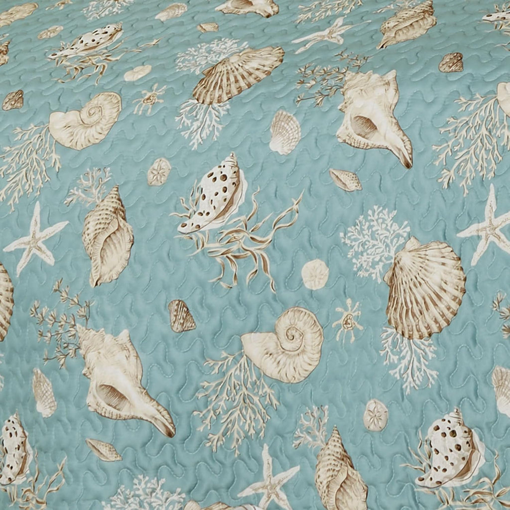 Seabreeze Coastal Beach Bedding | All Season Quilted | Shell Starfish Coral Stripe | Aqua Teal Ivory Cream | 7 Pc Set: Queen Quilt, 2 Standard Shams, Bedskirt, 2 Square Pillows, Rectangle Pillow