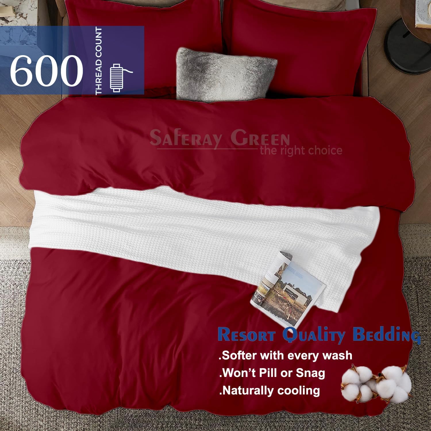 Duvet Cover Oversized King Plus 120'x128' 3 Piece 100% Egyptian Cotton Luxury Soft & Breathable 600 Thread Count with Zipper Closure & Corner Ties Soft Comforter Cover (Burgundy)