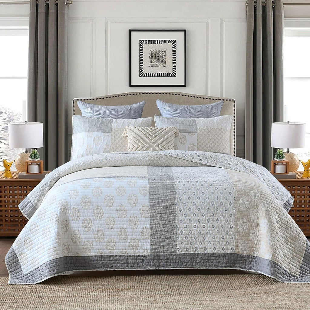 Y-PLWOMEN King Size Quilt, 100% Cotton Lightweight Soft King Quilt, Cream Grey White Quilted Bedspread, Patchwork Reversible Quilt Bedding Set All Season, 3-Pieces1