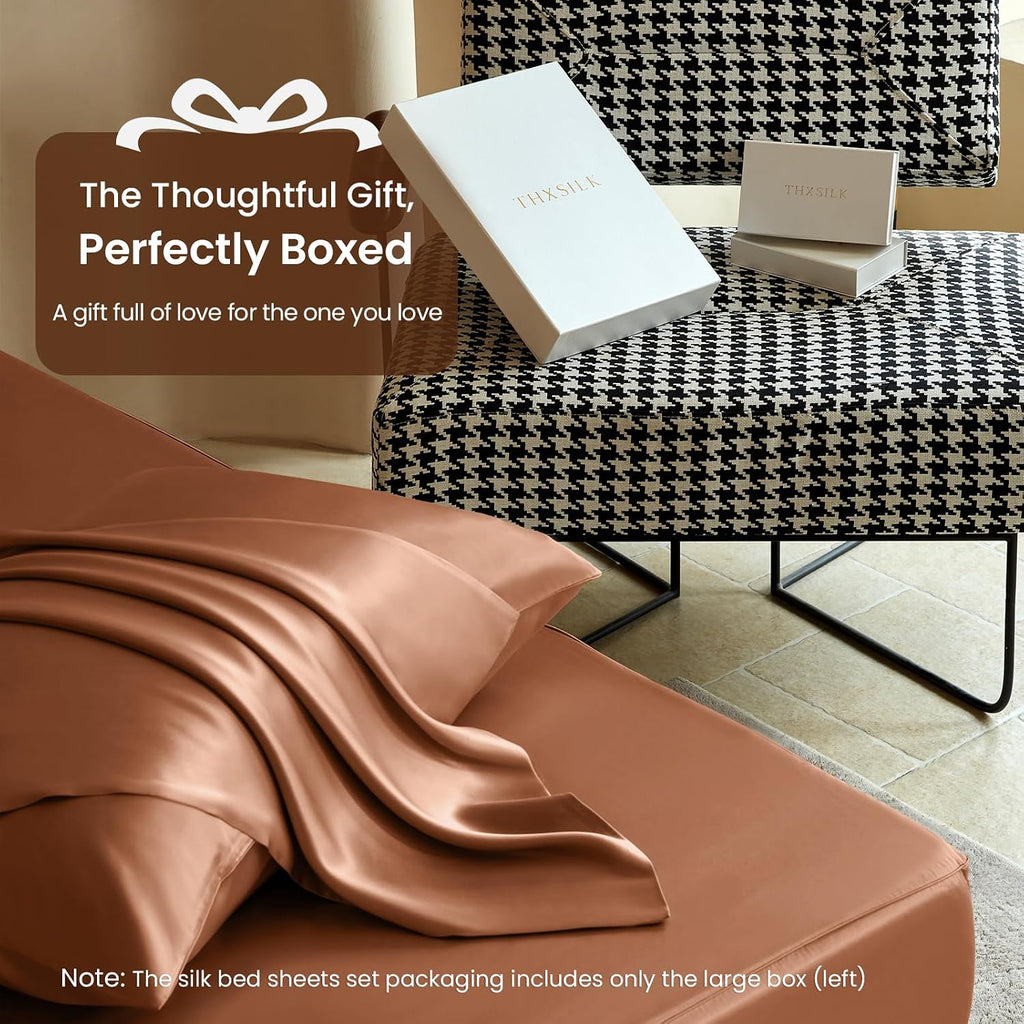 THXSILK Luxury Mulberry Silk Bed Sheets Set - 4pcs Silk Sheets Set 16' Deep Pocket - 1 Fitted Sheet, 1 Flat Sheet, 2 Pillowcases with Zipper Closure - Full, Brown