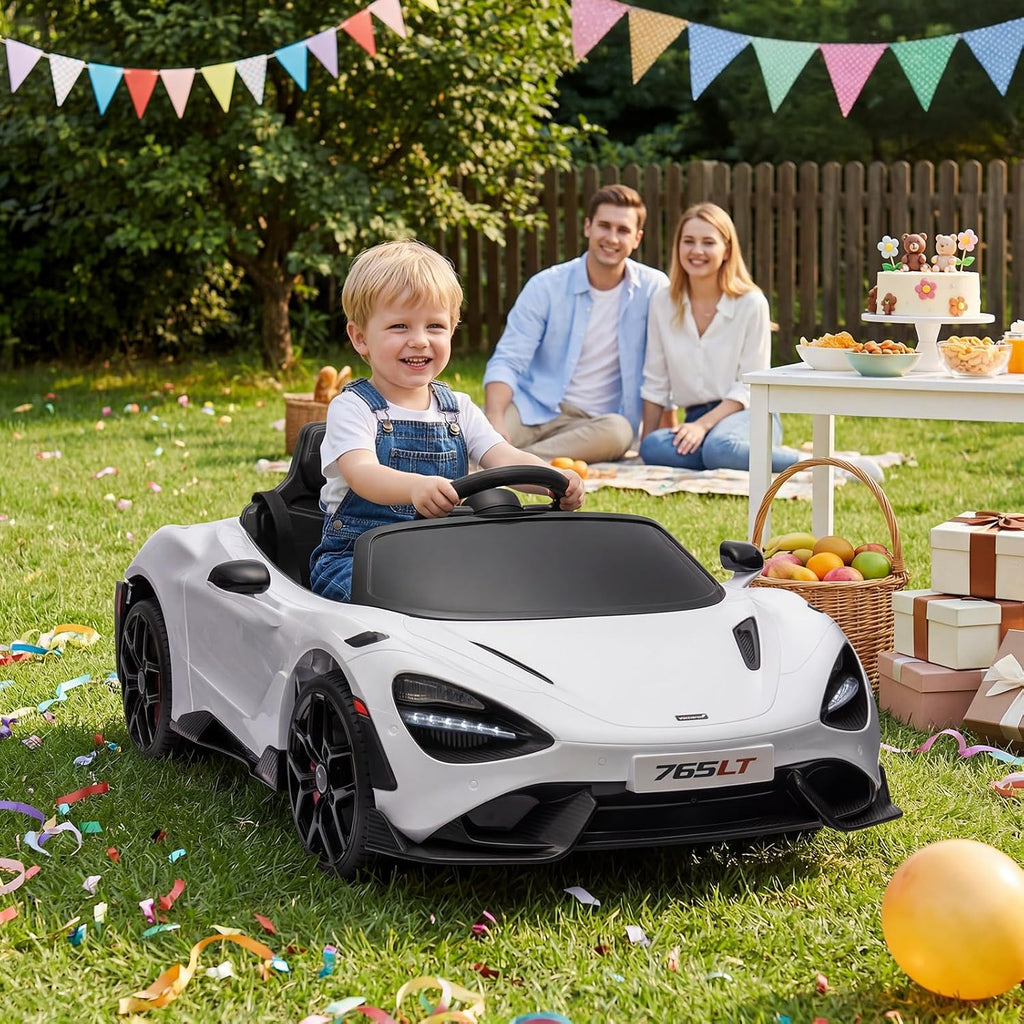 Kids Ride-on Car Licensed McLaren765LT for 3-6Years Old, Electric car 12V Battery Powered Electric Vehicle, w/Parent Remote, Music Player, LED Lights, Smooth Start, 3 Speeds, (White)