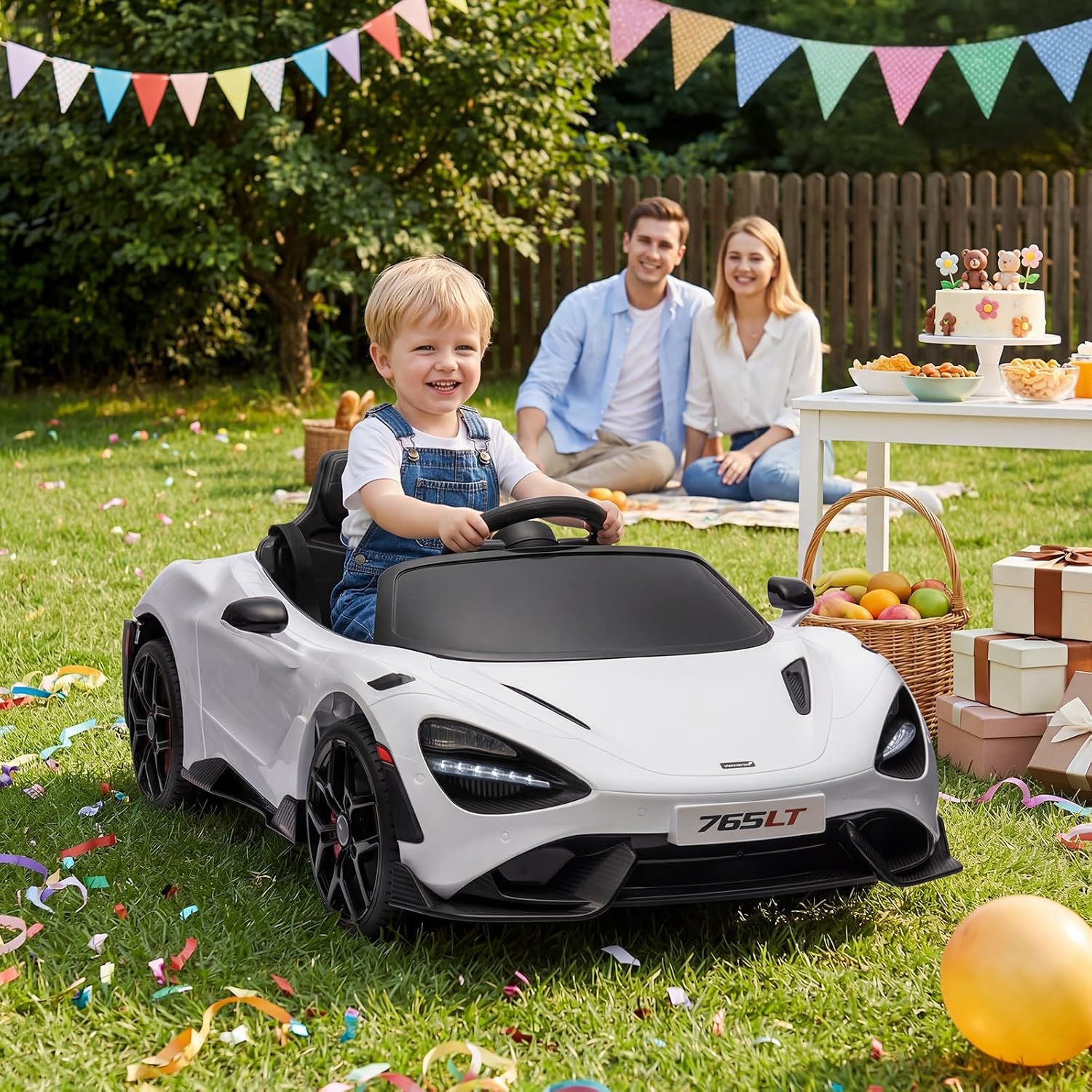 Kids Ride-on Car Licensed McLaren765LT for 3-6Years Old, Electric car 12V Battery Powered Electric Vehicle, w/Parent Remote, Music Player, LED Lights, Smooth Start, 3 Speeds, (White)