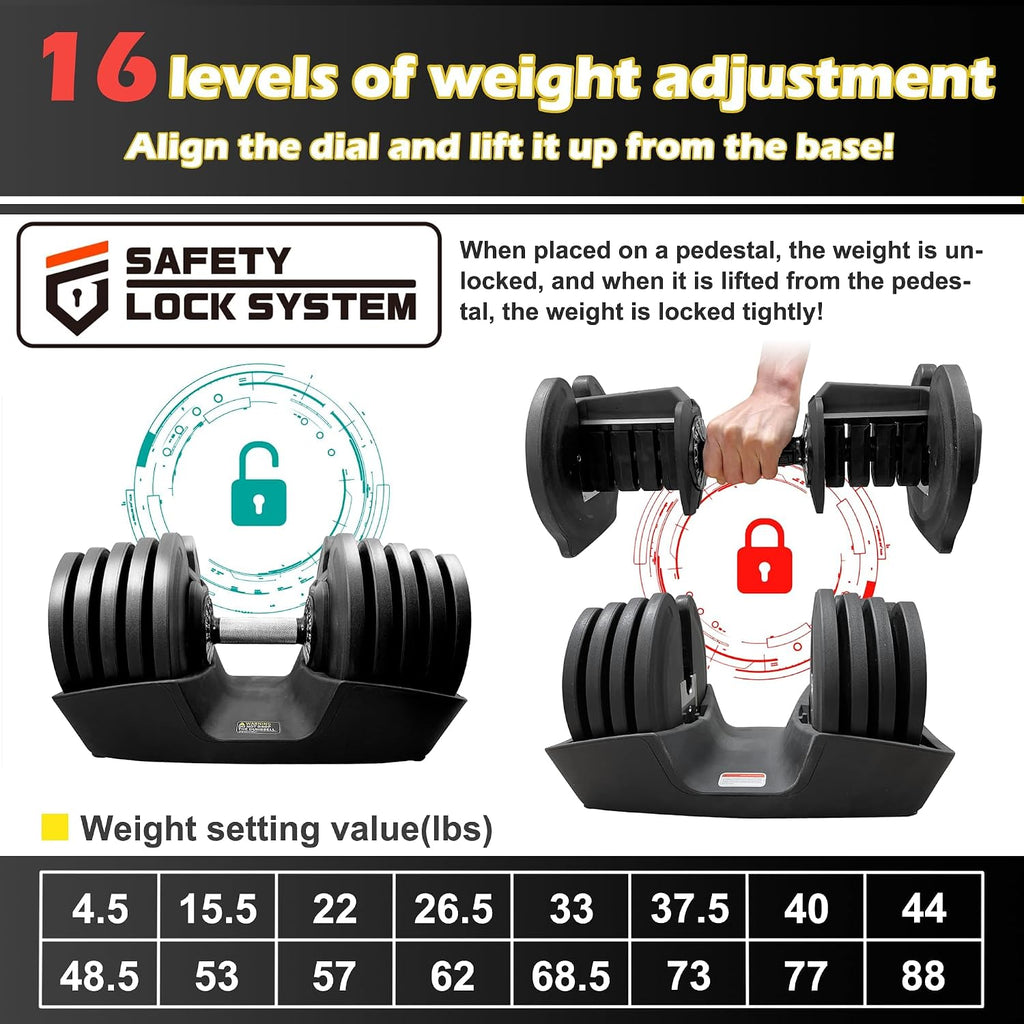 BodyTech Quick adjustable dumbbell set 88LBS 40KG Black Anti slip metal handle 1pcs 16 in 1 Strength Training and Fitness Workouts with free weight adjustment Suitable for Home Gym Space saver