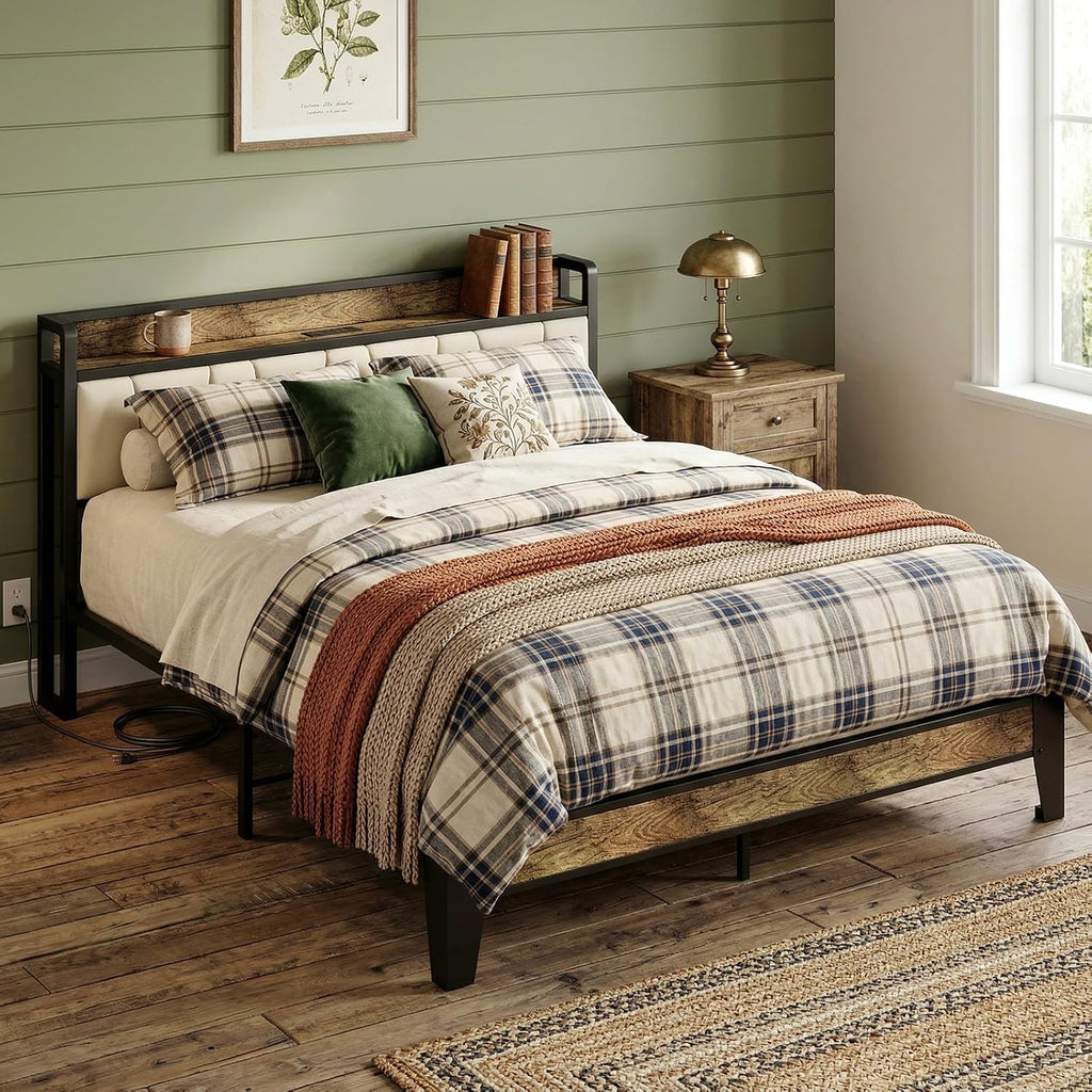 LIKIMIO Queen Bed Frame, Storage Headboard with Charging Station, Solid and Stable, Noise Free, No Box Spring Needed, Easy Assembly (Walnut and Beige)