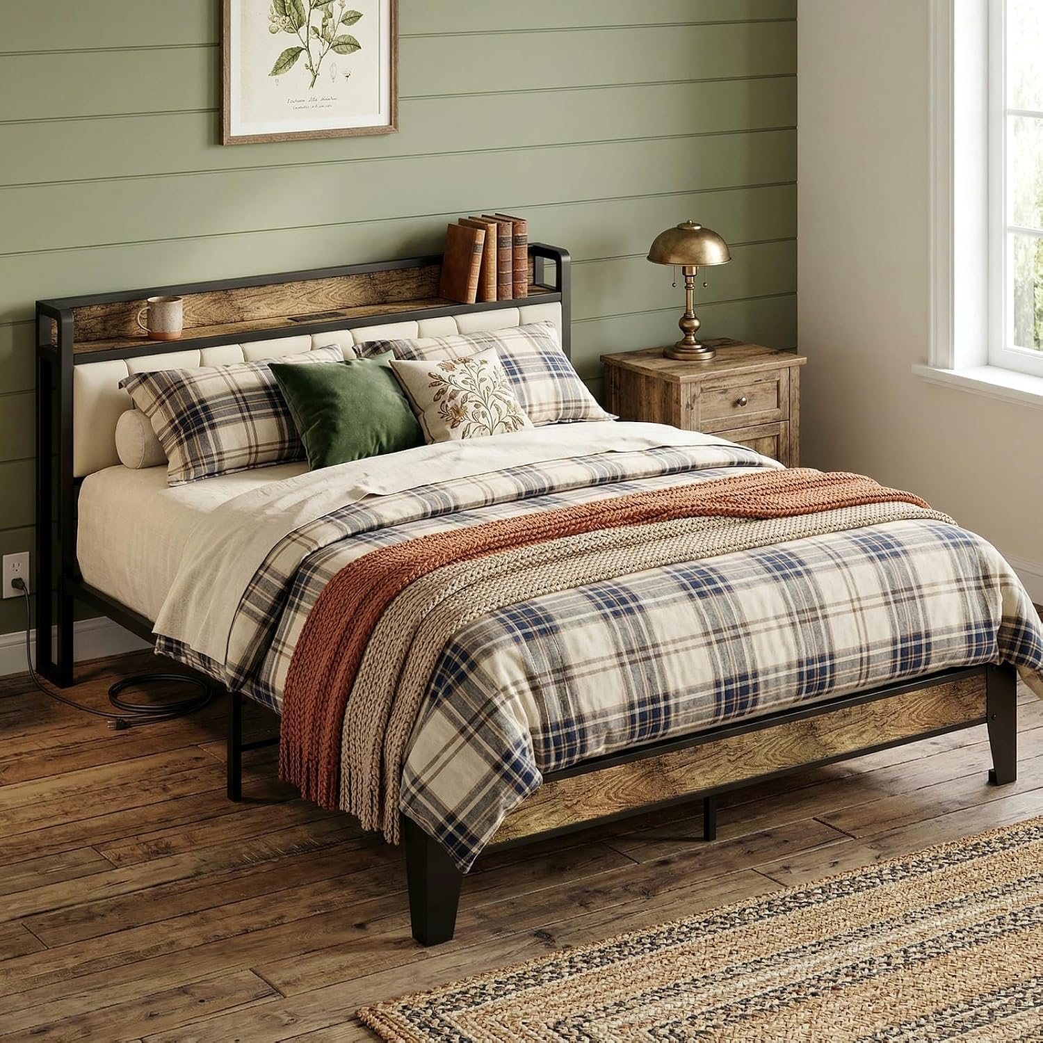 LIKIMIO Queen Bed Frame, Storage Headboard with Charging Station, Solid and Stable, Noise Free, No Box Spring Needed, Easy Assembly (Walnut and Beige)