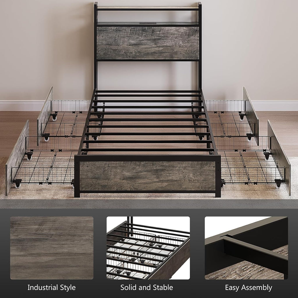 VINGLI Bed Frame Twin Size with 4 Storage Drawers and Headboard, Metal Platform Bed with Charging Station and RGB LED Lights, No Box Spring Needed, Noise Free, Easy Assembly, Wash Grey