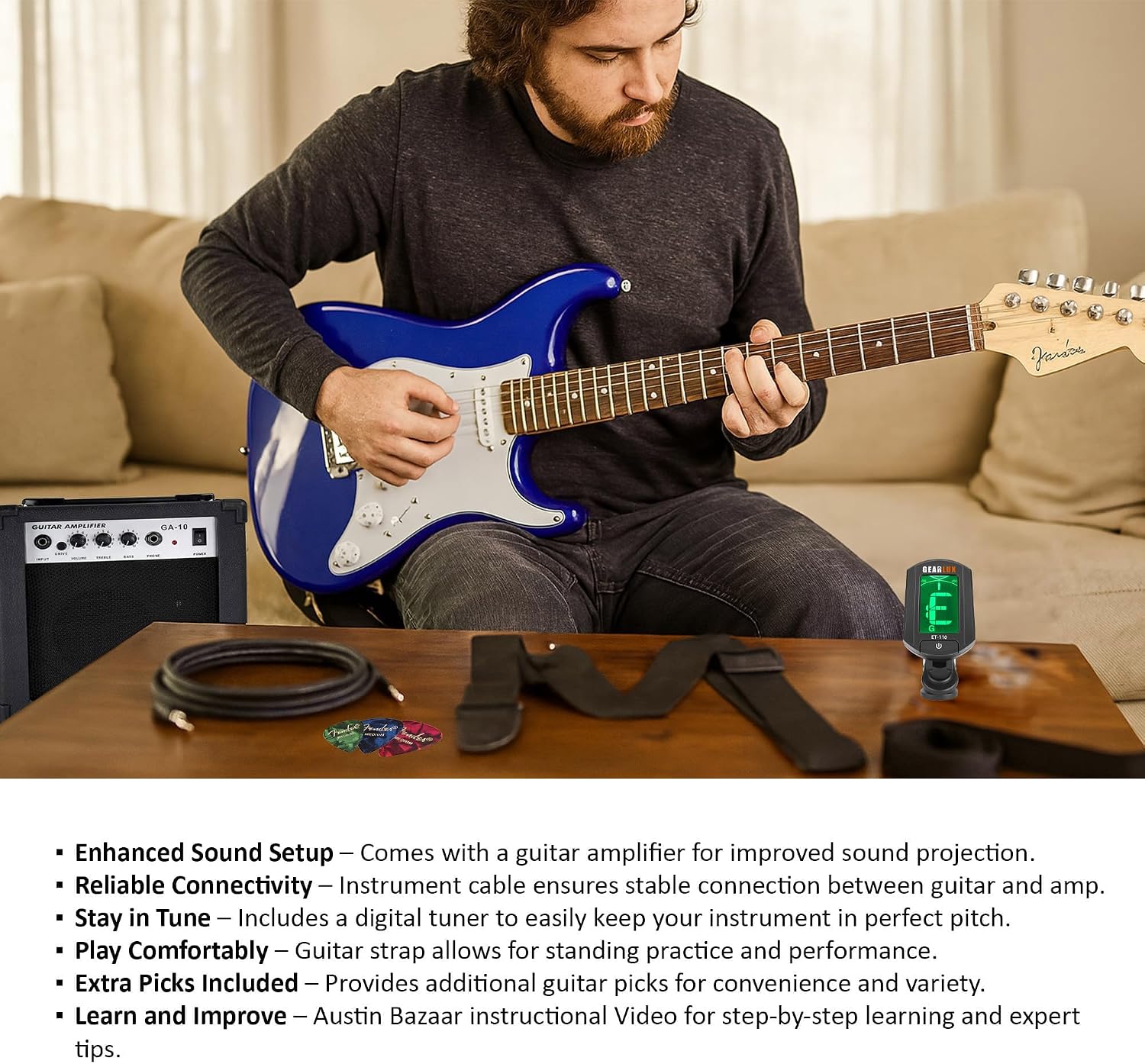 Fender Squier 3/4-Size Kids Mini Strat Electric Guitar - Imperial Blue Bundle with Amplifier, Cable, Tuner, Strap, Picks, and Austin Bazaar Instructional DVD