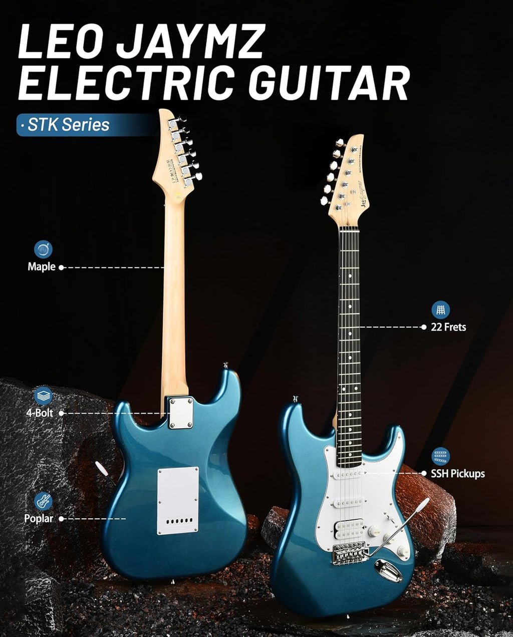 Leo Jaymz Beginner Electric Guitar 39' Kit with Portable Amplifier, Padded Gig Bag, Digital Tuner，Capo，Strap，Picks，HSS Pickups(Blue-HSS)