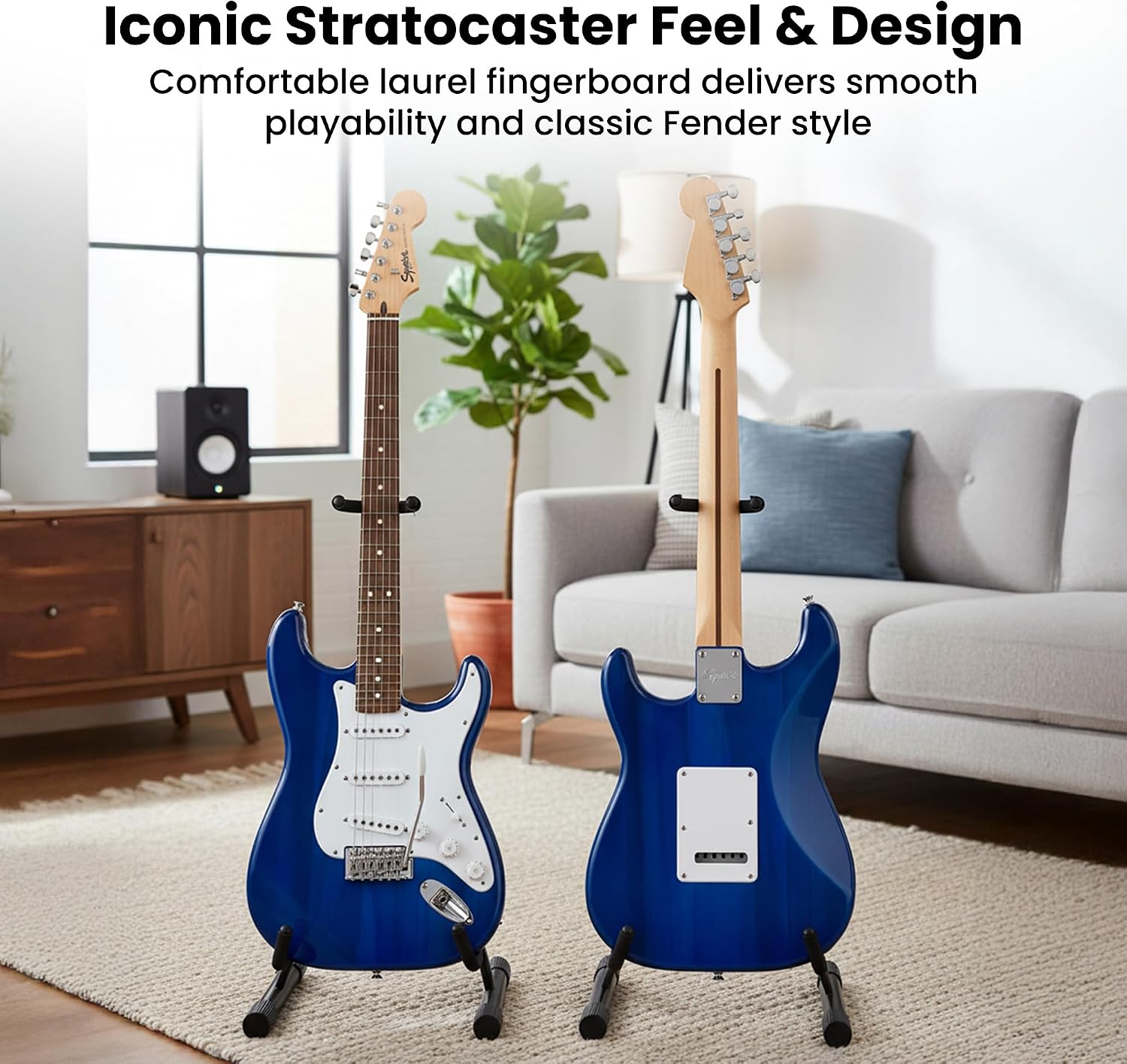 Fender Squier Sonic Stratocaster Pack - Sapphire Blue Transparent Bundle with Frontman 10G Amp, Gig Bag, Tuner, Instrument Cable, Strap, and Picks