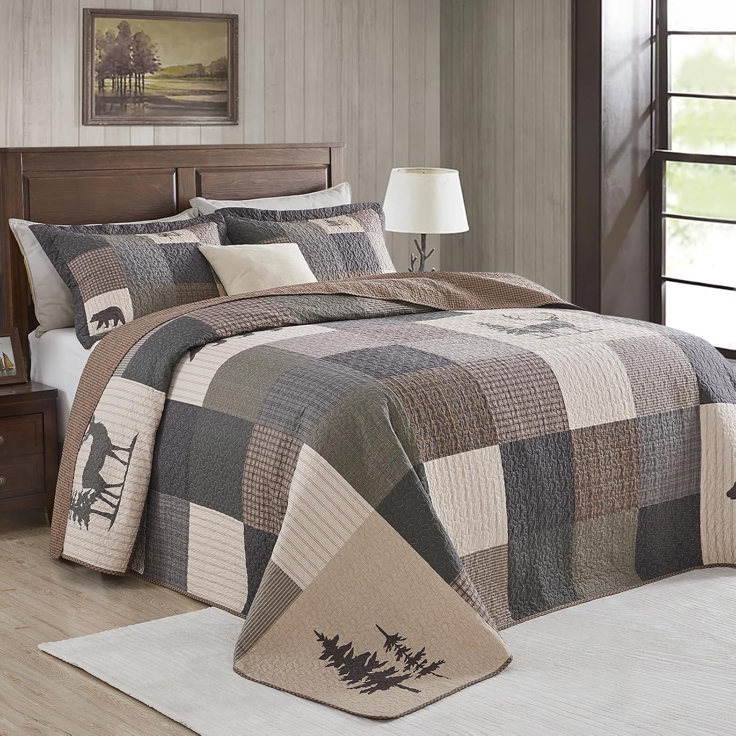 Oversized King Bedspreads 120x120, 100% Cotton Super King Quilt, Forest Tree Bear Deer Pattern, Lightweight Plaid Quilted Coverlet Bedding Set, 3 Pcs, All Season, Brown/Beige/Green