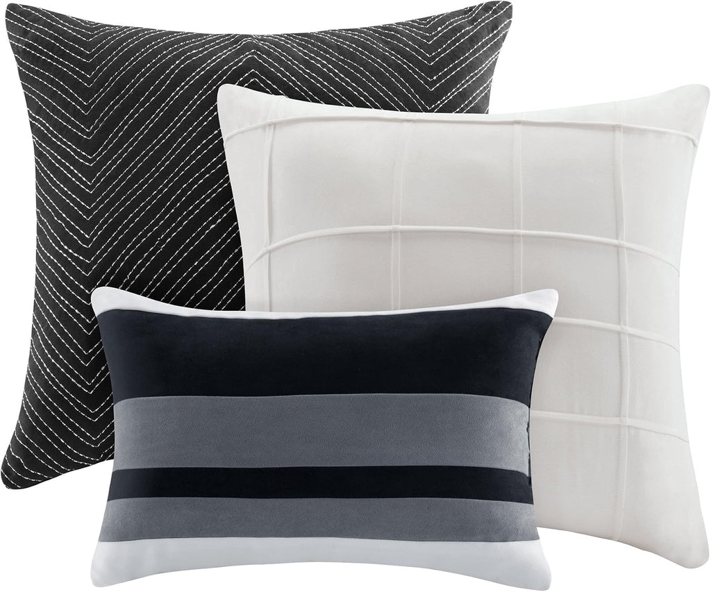 Madison Park Cozy Comforter Set Casual Blocks Design All Season, Matching Bed Skirt, Decorative Pillows, Cal King(104'x92'), Bridgeport Herringbone, Black Dark Grey, 7 Piece