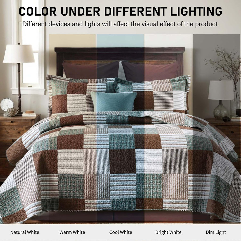 KALOOLA Plaid King Size Quilt Set, 100% Cotton Lightweight Quilted Bedspread with 2 Pillowshams for King Bed, Farmhouse Printed Bedding Set Coverlet for All Season, 3Pcs, Brown/Green
