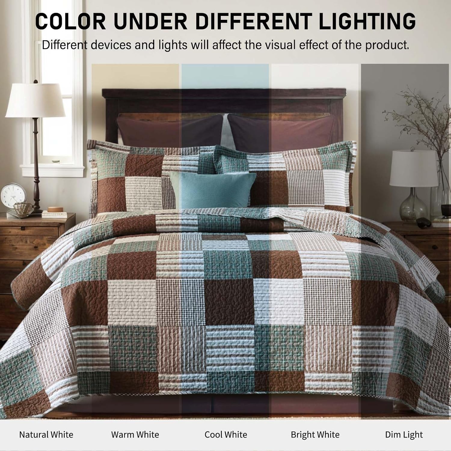 KALOOLA Plaid King Size Quilt Set, 100% Cotton Lightweight Quilted Bedspread with 2 Pillowshams for King Bed, Farmhouse Printed Bedding Set Coverlet for All Season, 3Pcs, Brown/Green