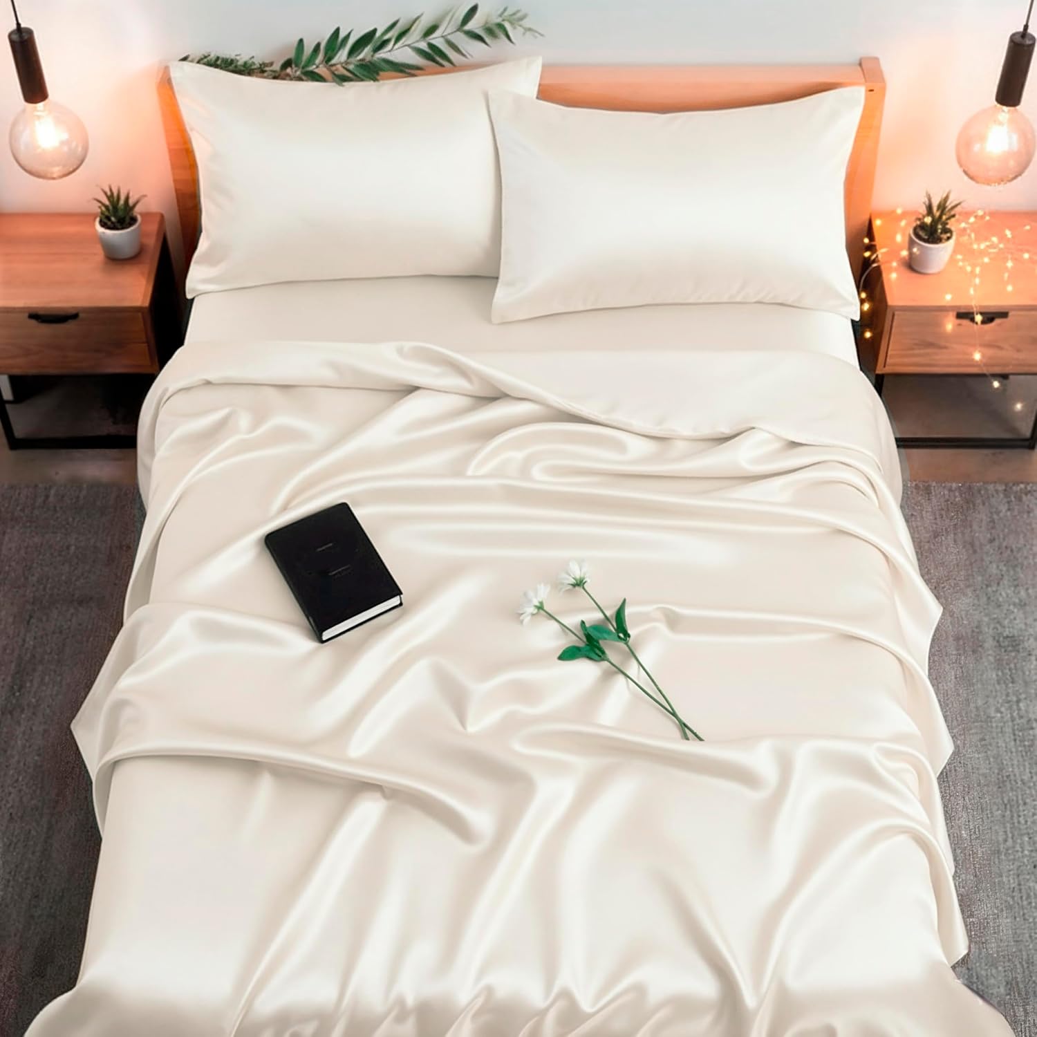 Colorado Home Co SUNDAYSILKS™ Mulberry Silk Bedding Set | 4PC Queen Size - Pure Silk Sheets, Natural, Off White