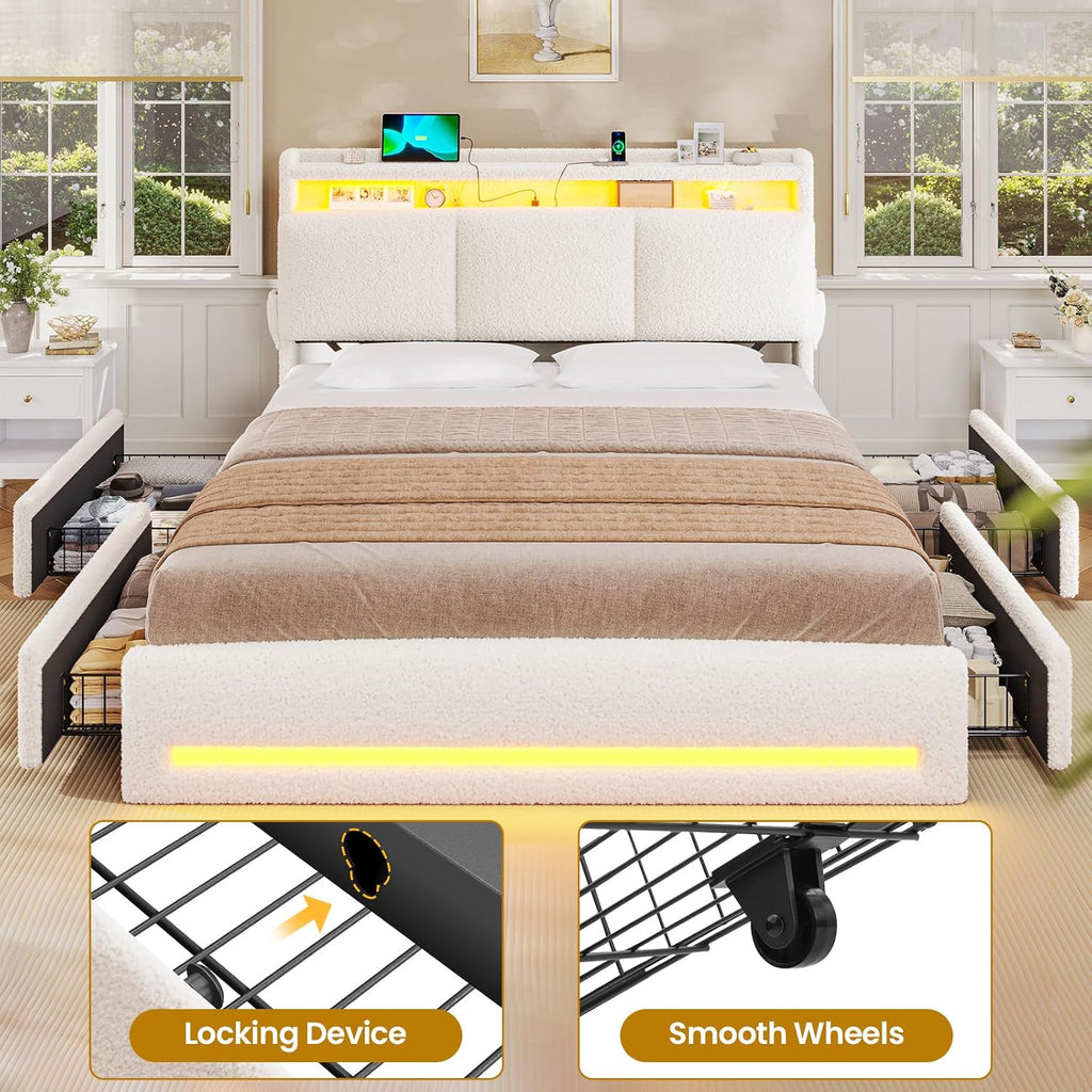 VIAGDO Full Size Bed Frame with Storage Headboard and Charging Station, Boucle Upholstered Bed Frame Full Size with 4 Drawers and LED Lights, Type C and USB, No Box Spring Needed, Cream White