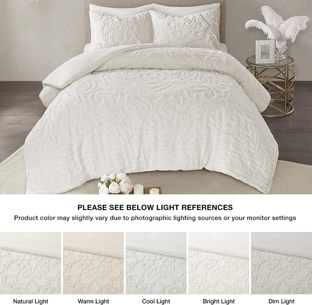 Madison Park Laetitia 100% Cotton Duvet Set - Chenille Tufted Medallion Design, All Season Cozy Bedding Shabby Chic Comforter Cover, Matching Shams, Floral Off White King/Cal King(104'x92') 3 Piece
