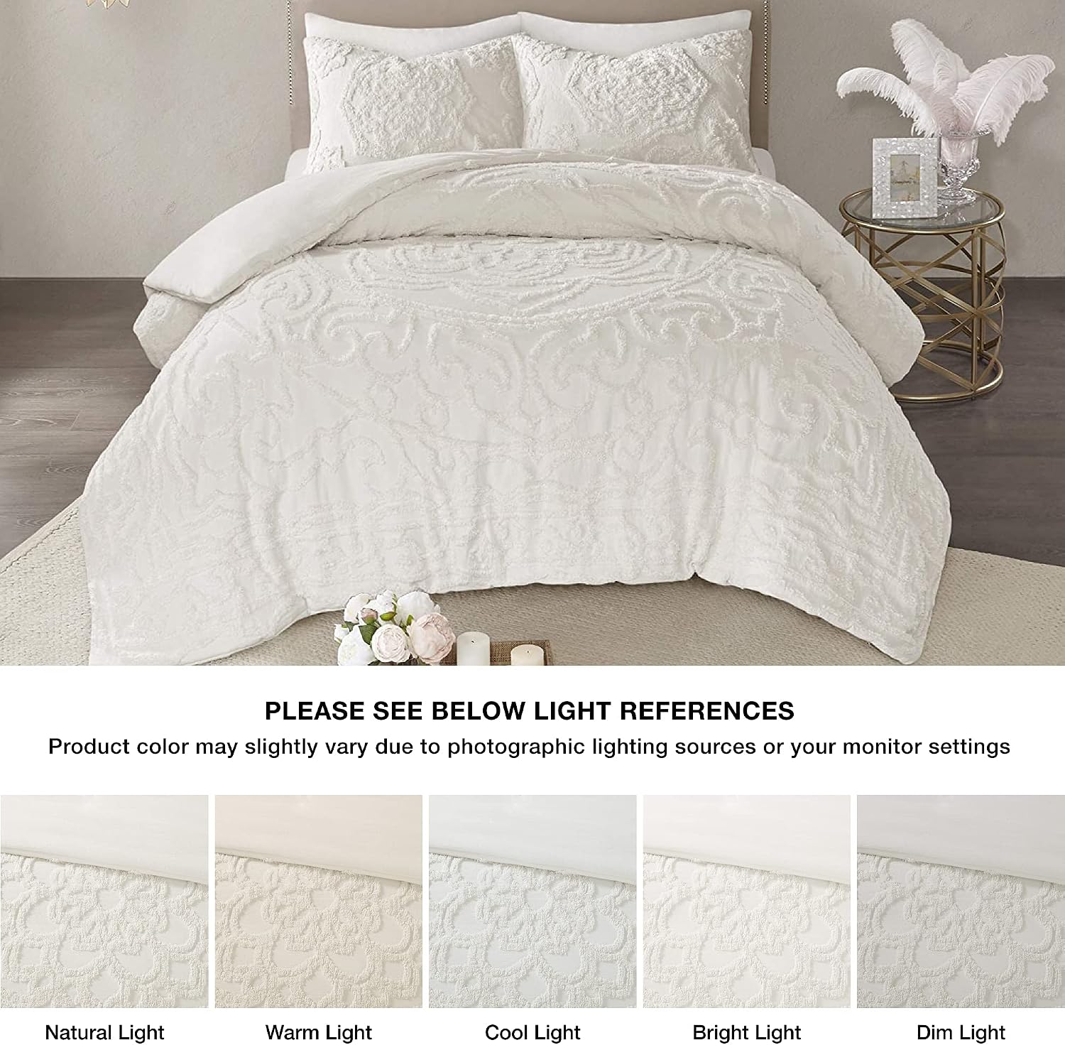Madison Park Laetitia 100% Cotton Duvet Set - Chenille Tufted Medallion Design, All Season Cozy Bedding Shabby Chic Comforter Cover, Matching Shams, Floral Off White King/Cal King(104'x92') 3 Piece