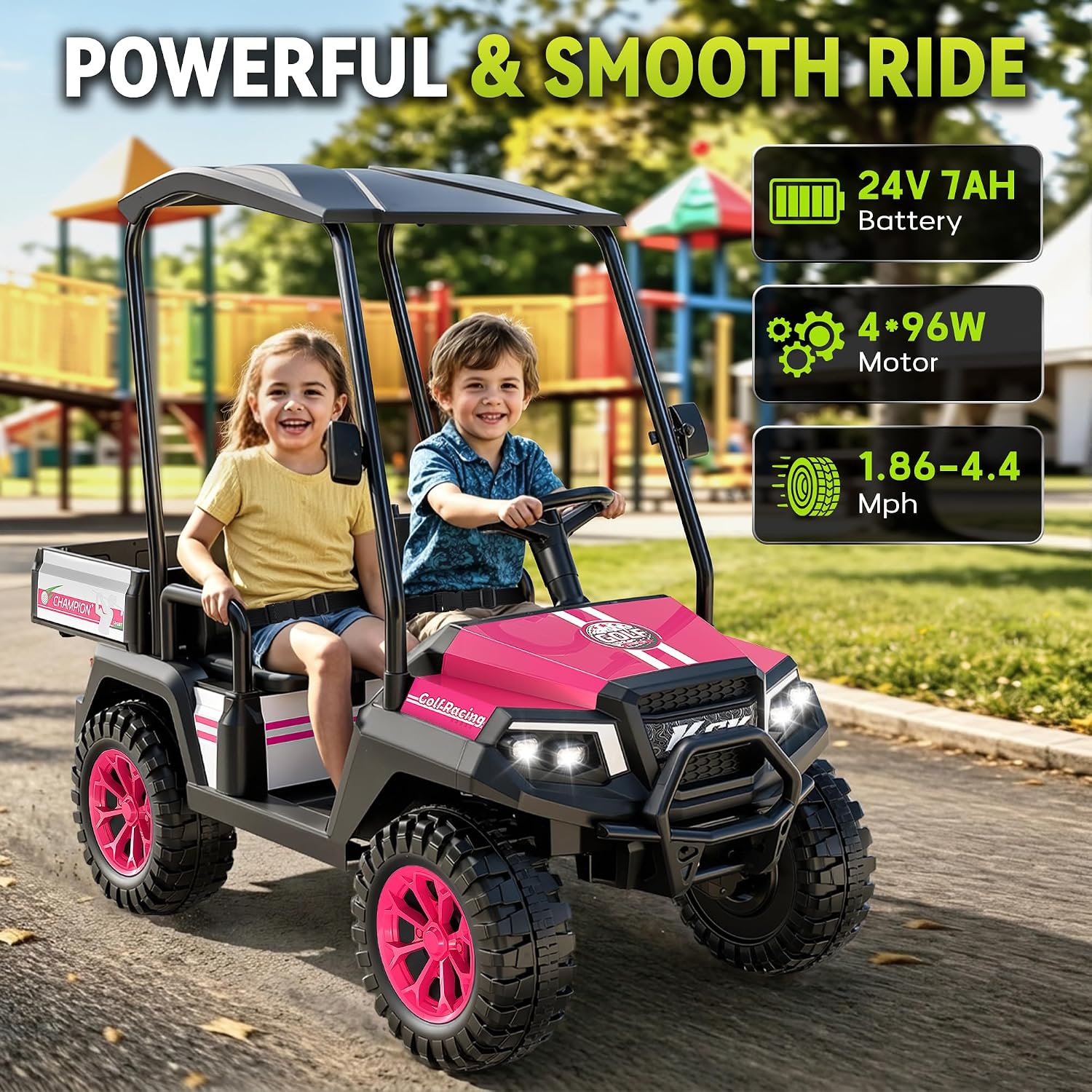 24V Kids Golf Cart w/Detachable Awning–4WD 2 Seater Ride on Car w/Large Storage Trunk, Remote Control, 3 Speeds, Music Player, LED Lights, Ride On Toys, Gift for Kids Ages 3-8(Pink)